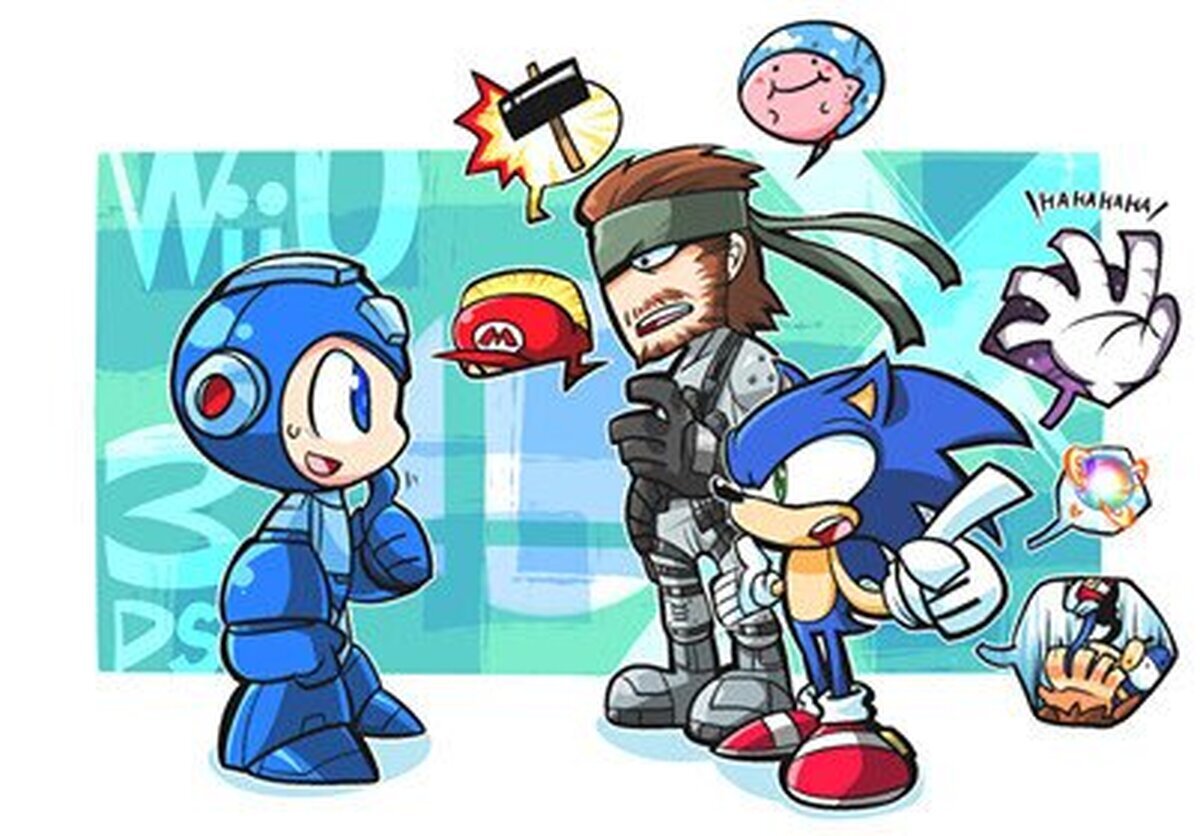Snake y Sonic enseñándole a Megaman lo básico para el Smash Bros