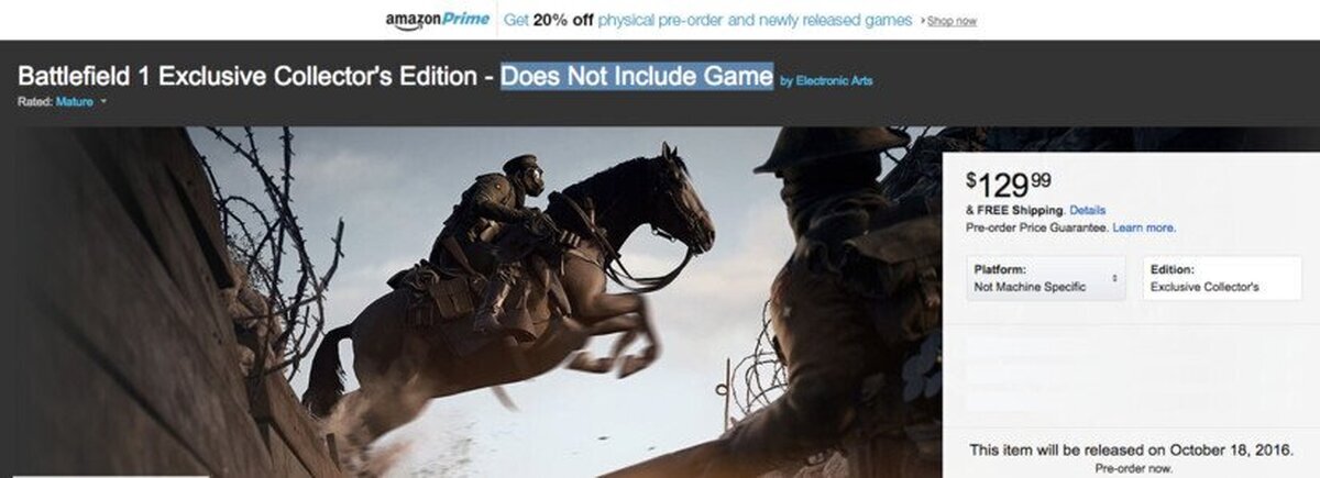 Locura: La Edición Coleccionista de Battlefield 1 no incluye el juego