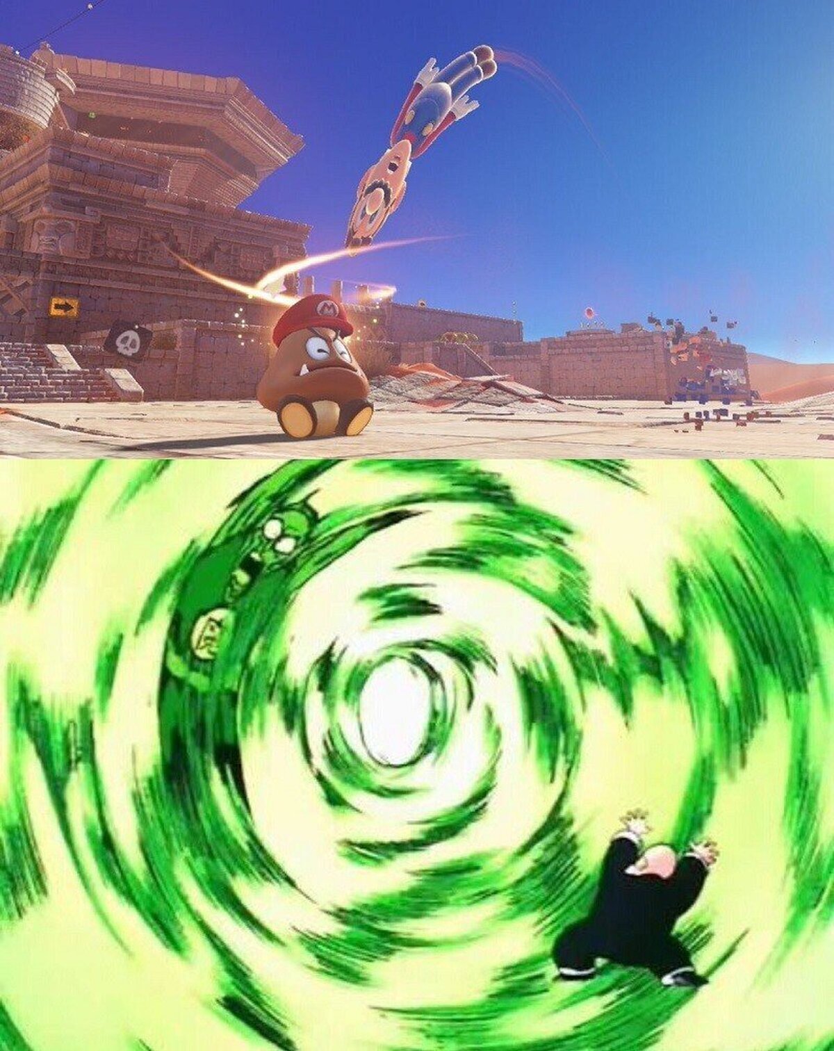 Aquí podemos ver cómo un goomba hace el mafuba para salvar el Reino Koopa