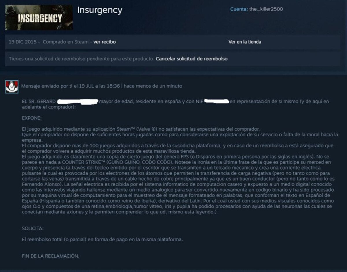 Cuando te pasas con una reclamación de Steam.