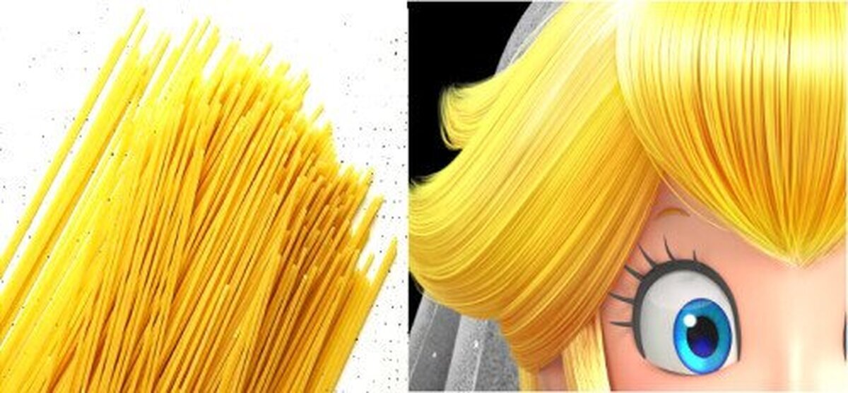 Los cabellos de peach parecen spaghettis .... ahora sabemos por qué Mario la ama