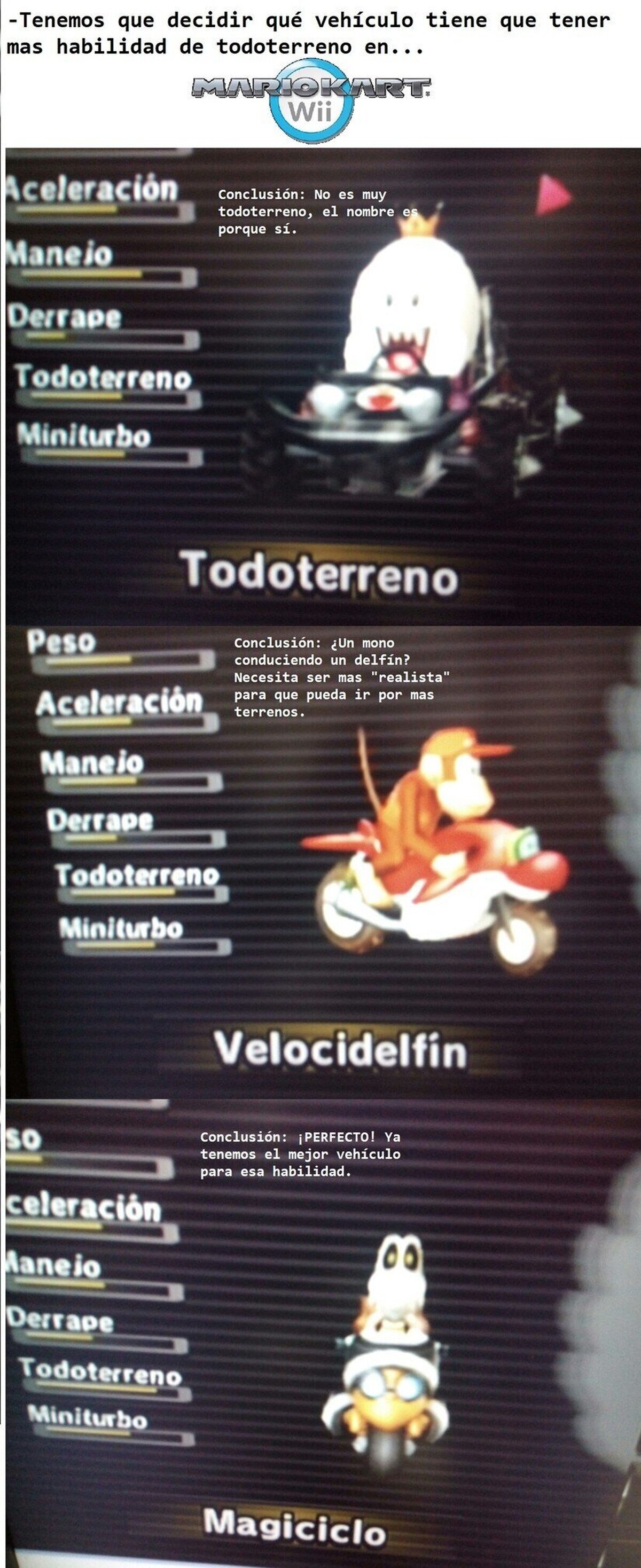 Decisiones de vehículos en Mario Kart Wii.