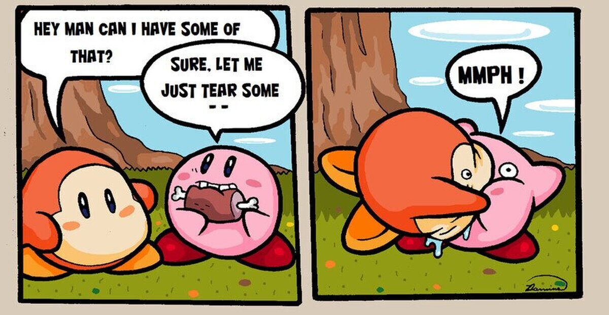 Como es que Kirby comparte la comida con sus compañeros en Kirby Super Star