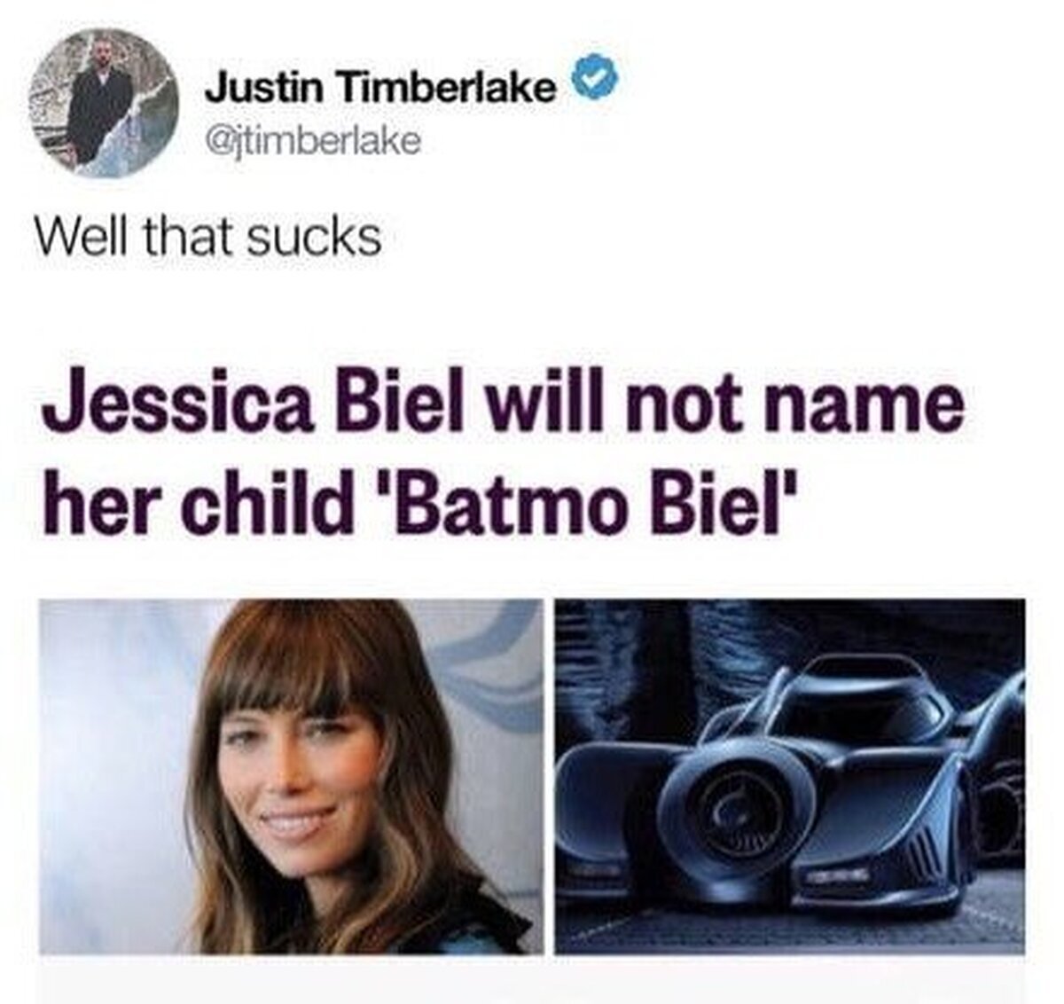 Justin Timberlake enterándose de que no podrá llamar a su hijo 'BATMO Biel"