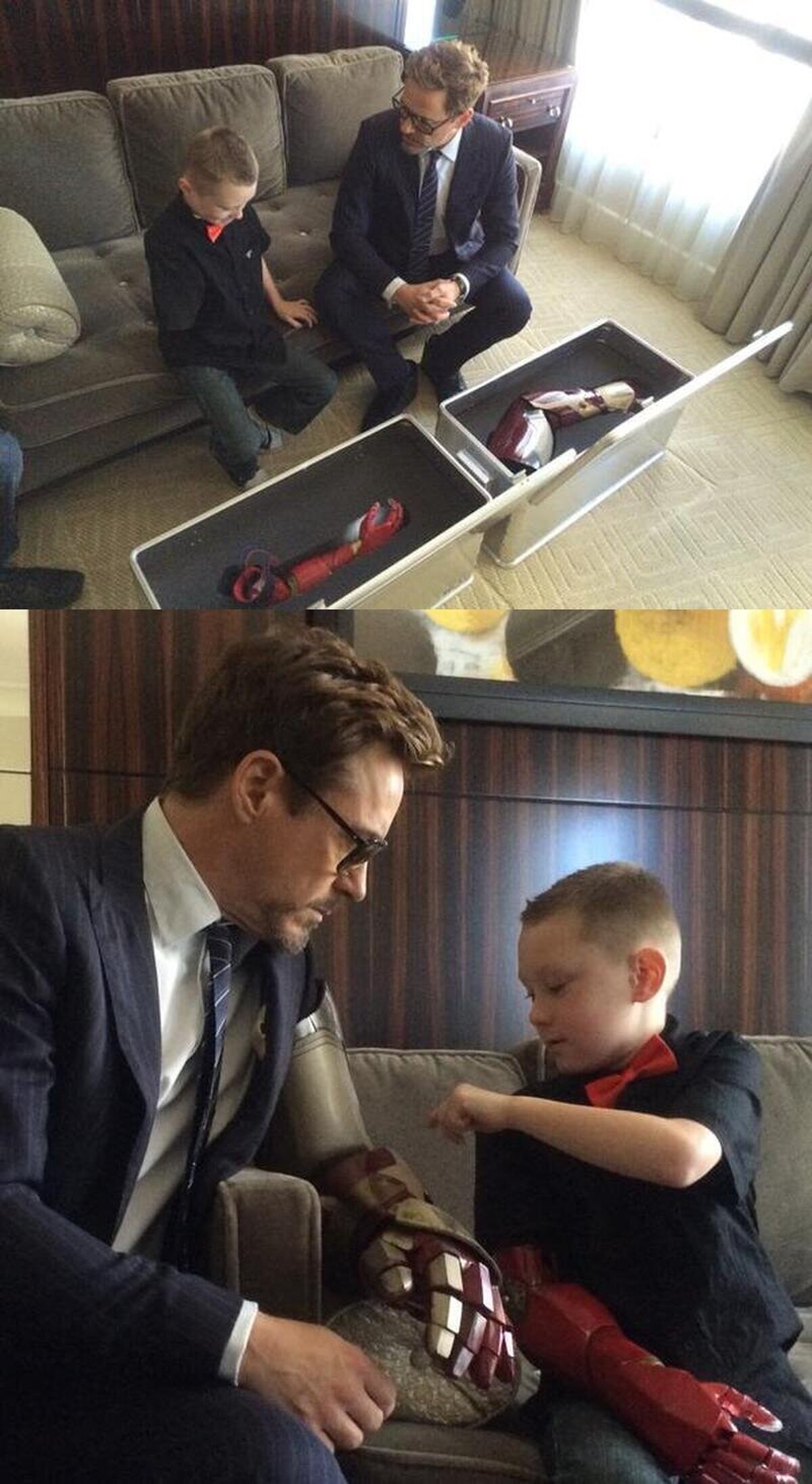 Robert Downey Jr entrega un brazo biónico diseñado al estilo de Iron Man a Alex, un niño que nació sin él