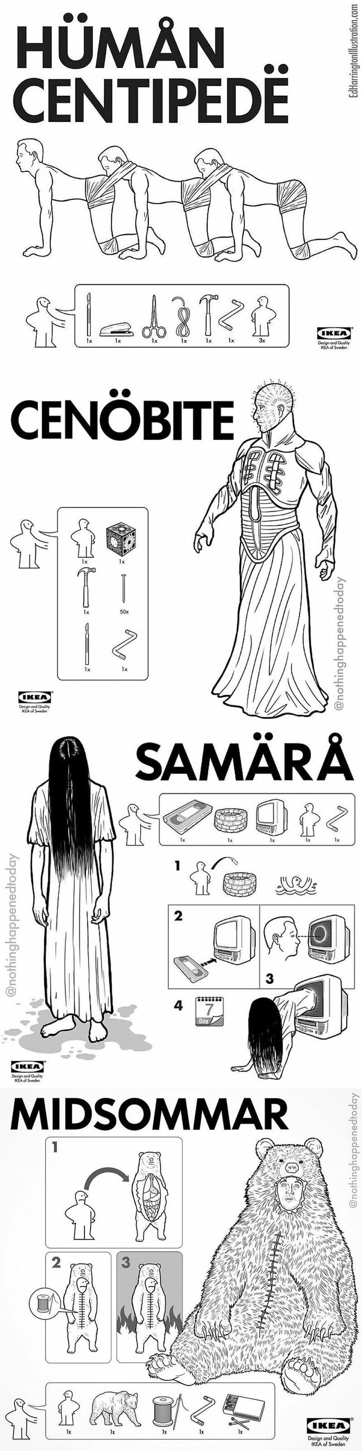 Instrucciones de Ikea para crear a nuestros personajes del cine de terror favoritos. Ilustraciones de Ed Harrington