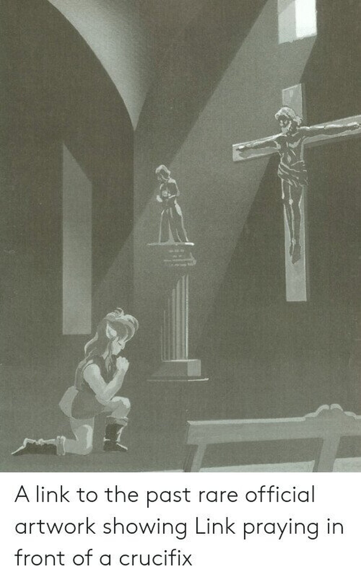 Raro artwork de la guía oficial de A Link to the Past de Japón: Link rezando a un crucifijo