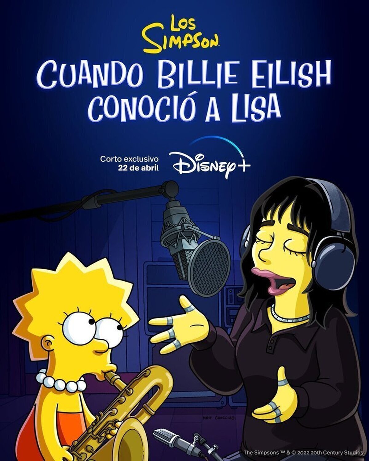 ¡Billie Eilish llega a Springfield! ?Mira el póster de #LosSimpson: Cuando Billie Eilish conoción a Lisa.Este nuevo corto llegará a #DisneyPlus el 22 de abril