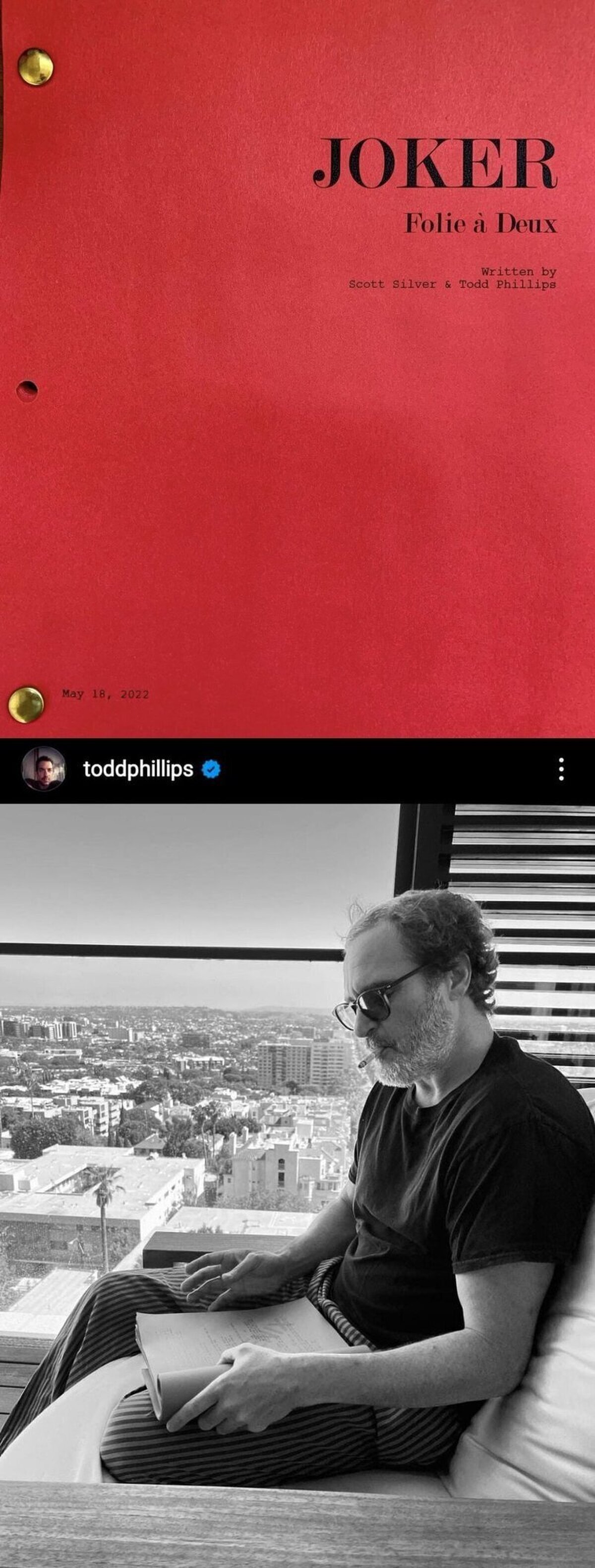 El director Todd Phillips comparte la portada del guion de #Joker2 y una foto de Joaquin Phoenix leyéndolo