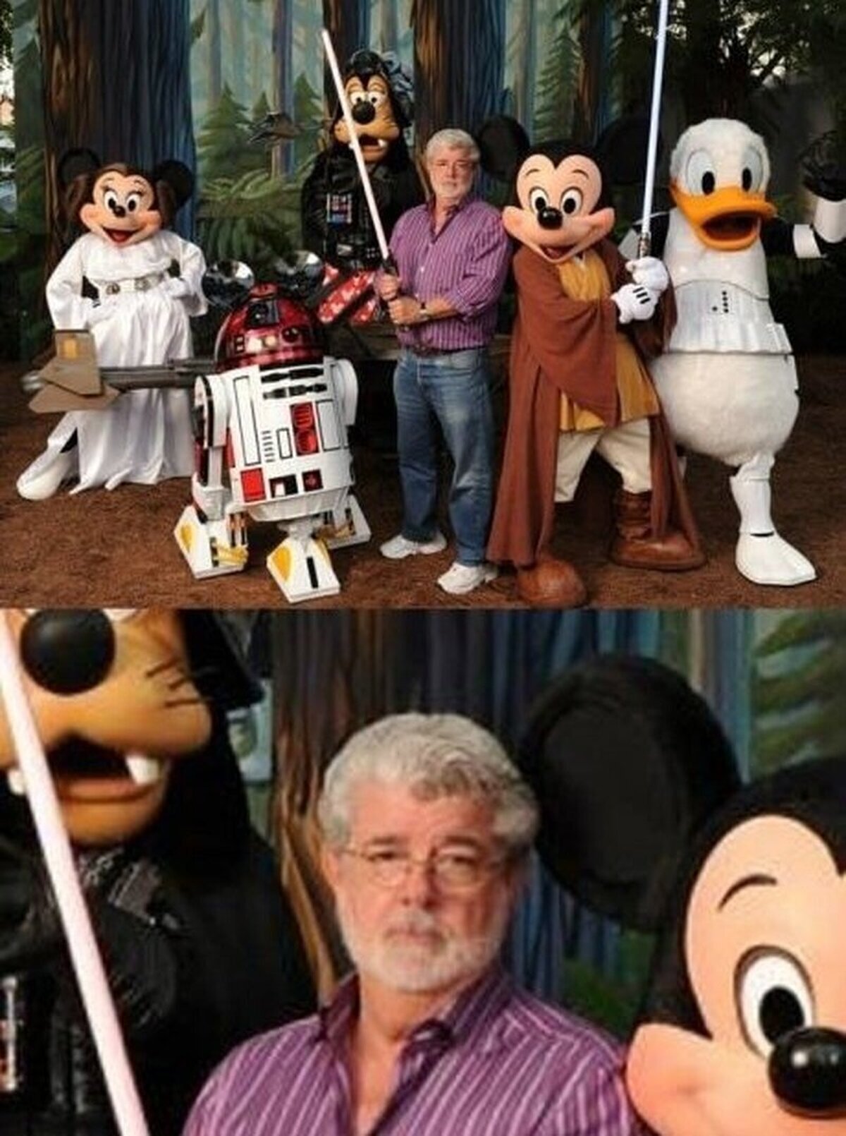 George Lucas celebrando que sus personajes ahora pertenecen a Disney.  