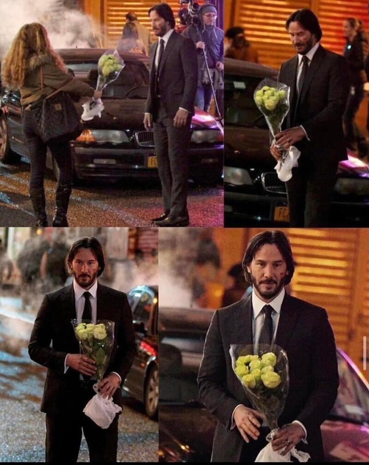 Una fan regalando un ramo de flores a Keanu Reeves, caracterizado como John Wick.  