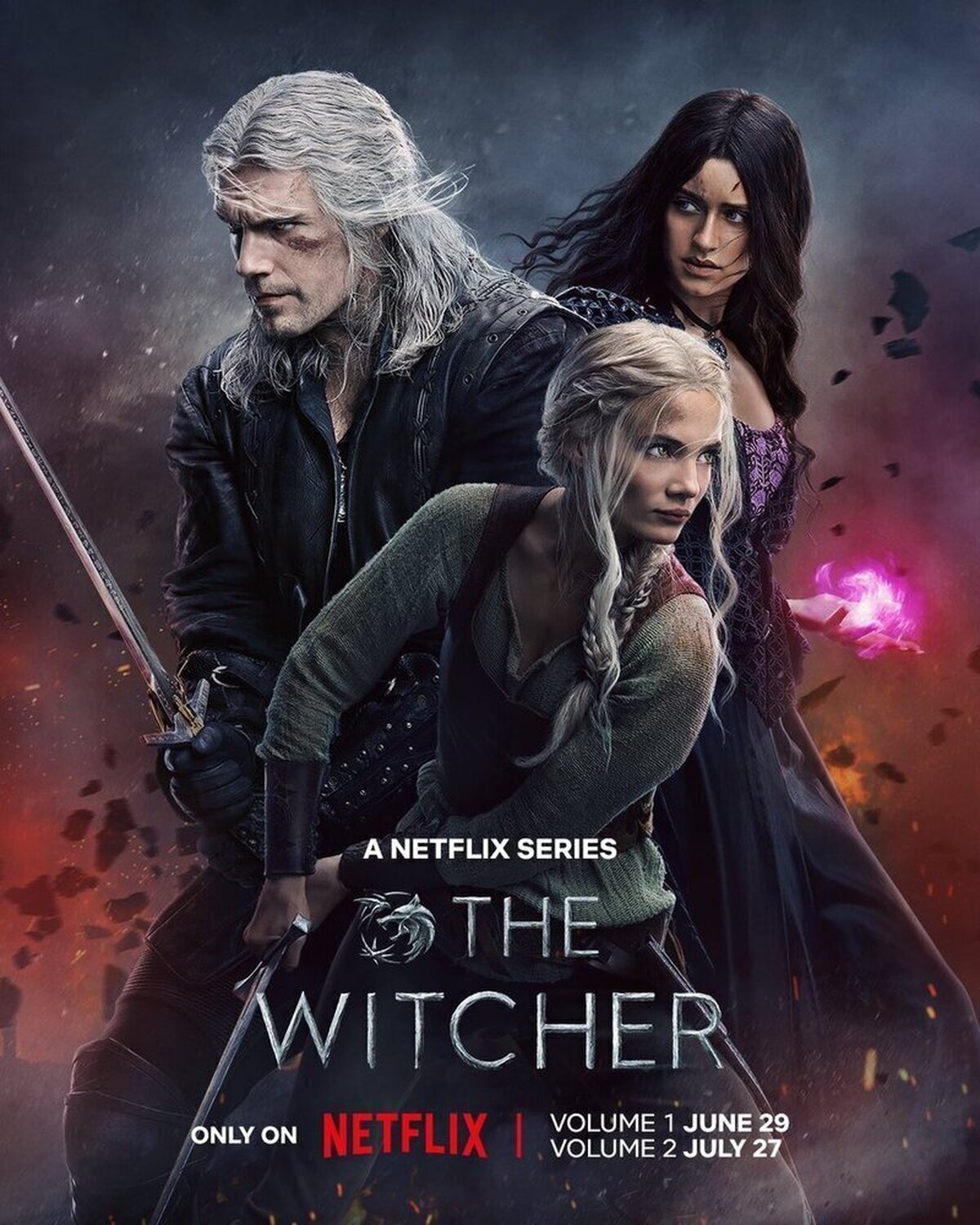 ¡OFICIAL! Poster final de #The Witcher Season3. Se dividirá en 2 partes en #Netflix.Los 5 primeros episodios se estrenarán el 29 de junio. Los 3 episodios finales se estrenarán el 27 de julio.Henry Cavill se despedirá del brujo para siempre