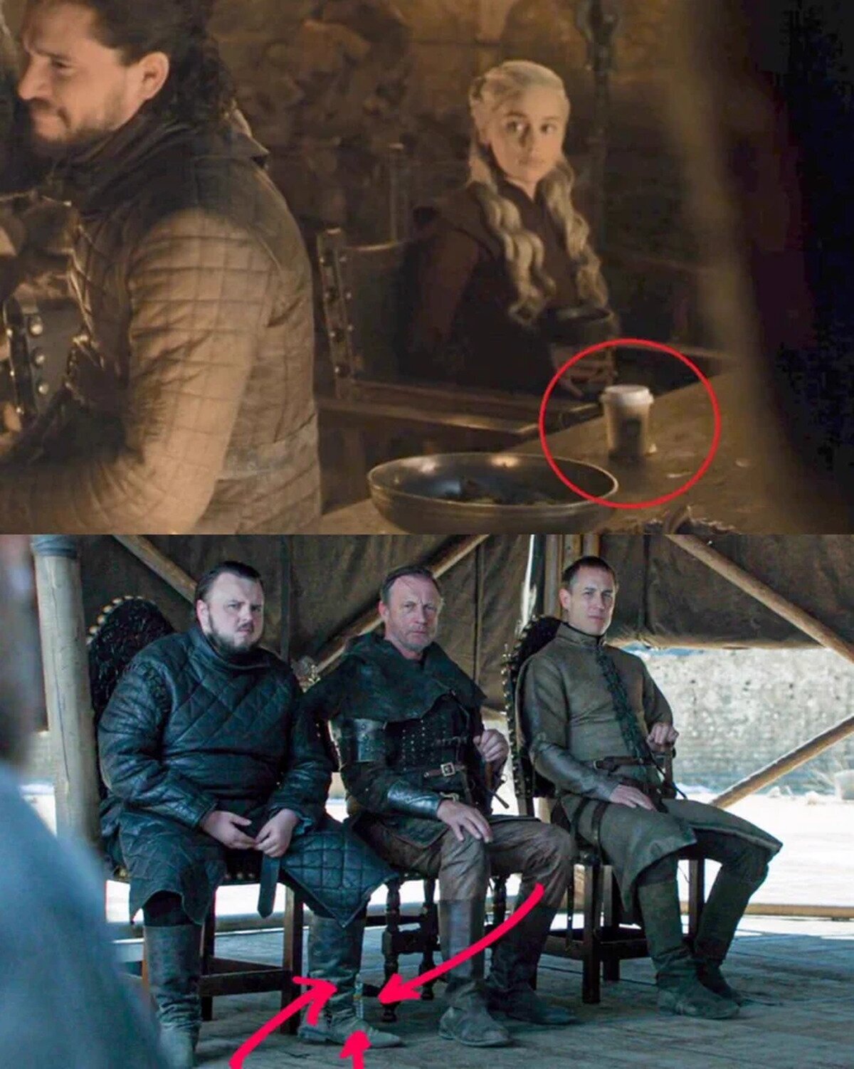 Tenían tanta prisa por terminar la última temporada de Game of Thrones para irse con Disney, que incluso olvidaron retirar un refresco de starbucks y un botellín de agua en los últimos episodios, lamentable.