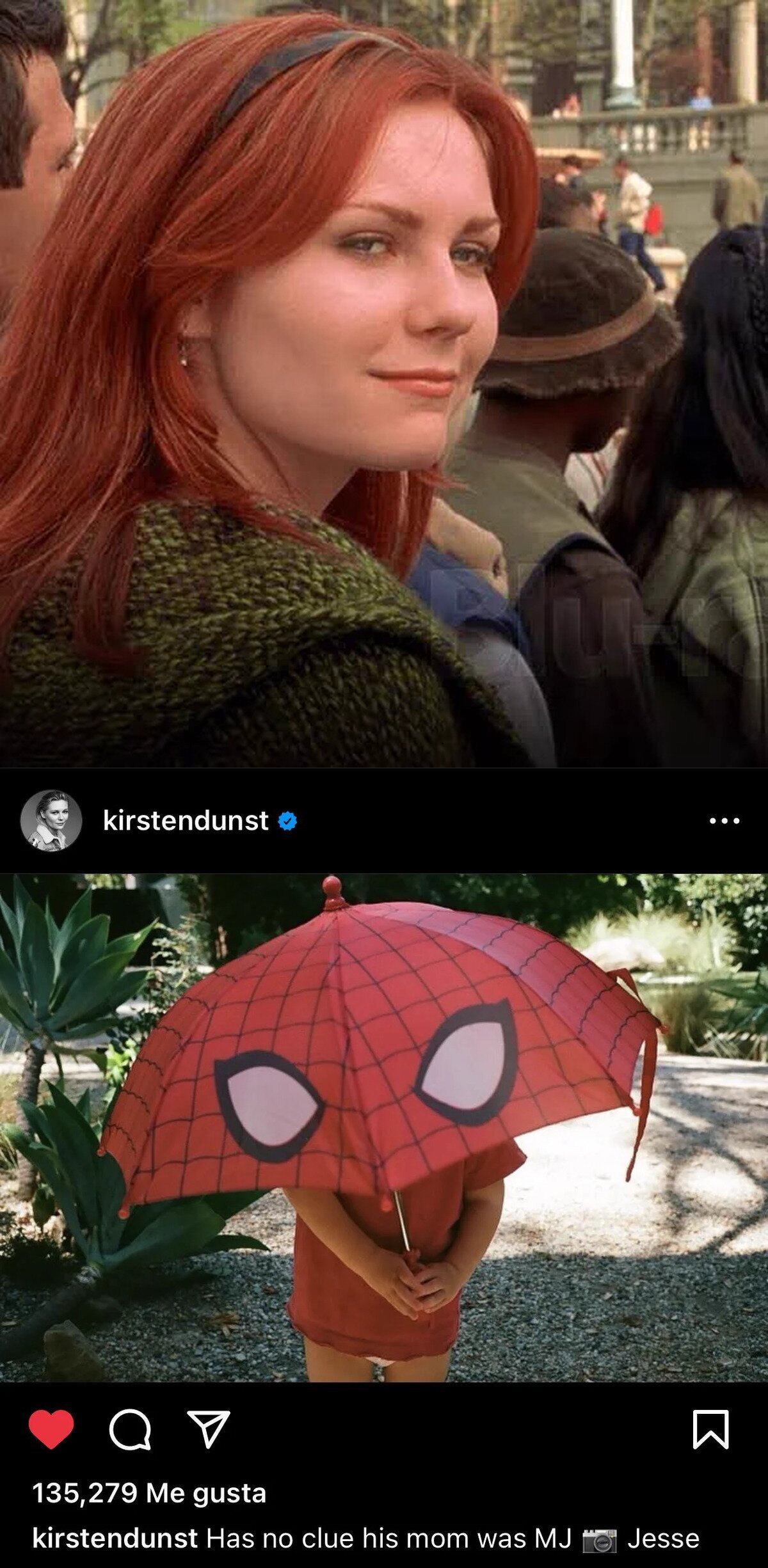 Kirsten Dunst comparte esta fotografía de su hijo con un paraguas de Spider-Man con el siguiente mensaje