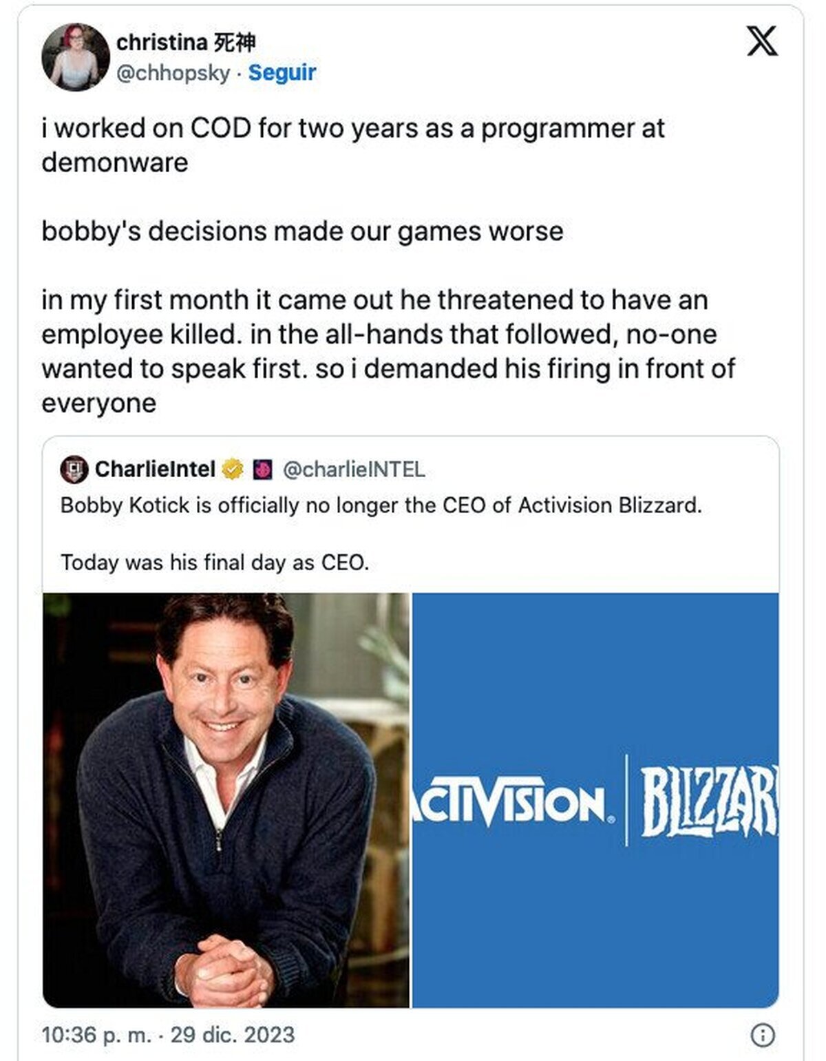 Una programadora de Activision Blizzard: Bobby Kotick hizo que nuestros juegos fueran peores