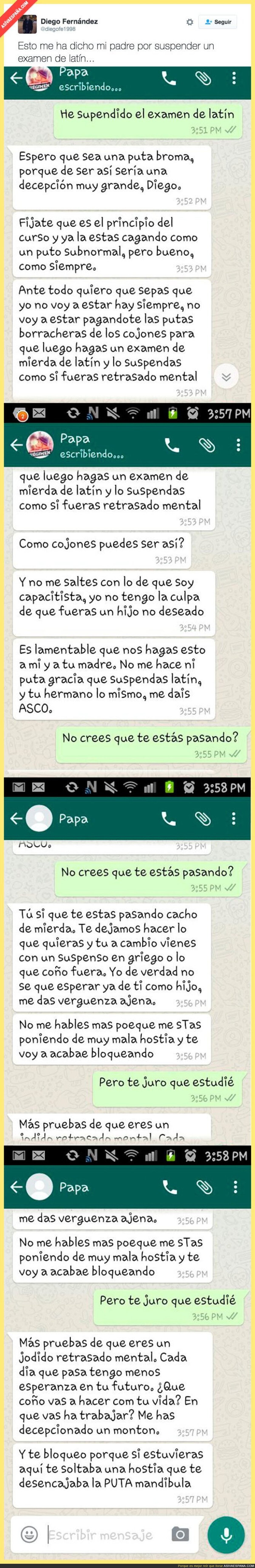 Le dice a su padre que ha suspendido un examen de lat&iacute;n y le l&iacute;a la mundial por Whatsapp