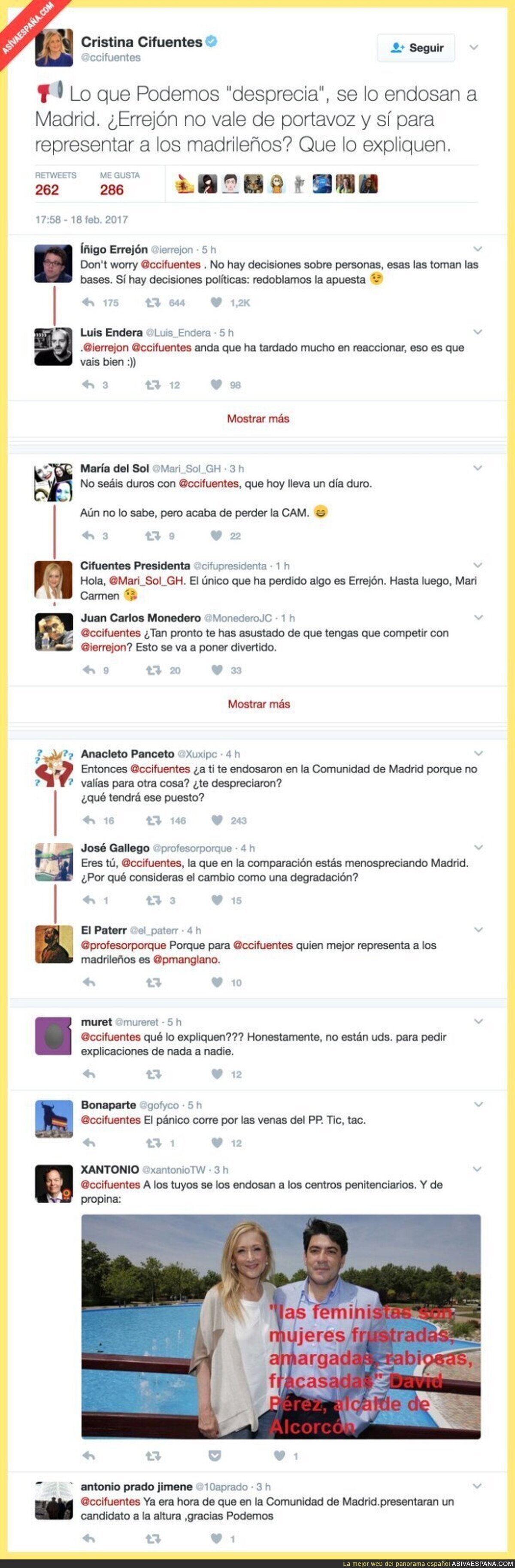 Cristina Cifuentes carga contra Podemos por la candidatura de Íñigo Errejón a la Comunidad de Mad