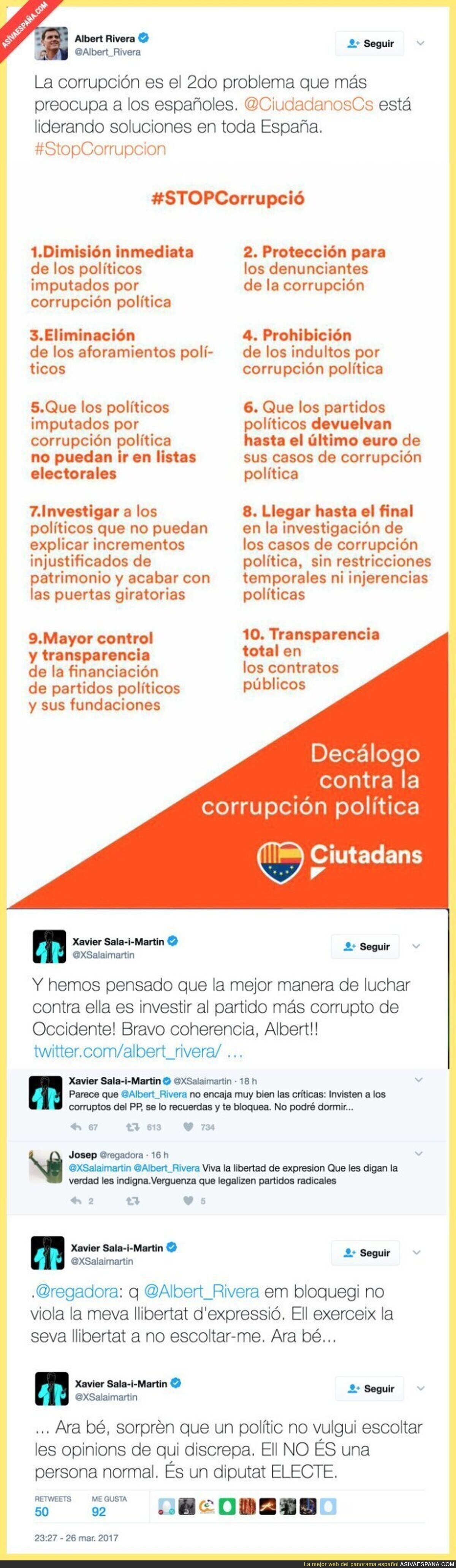 MUY FUERTE: Albert Rivera bloquea al economista Xavier Sala-i-Martin por responderle a este mensaje