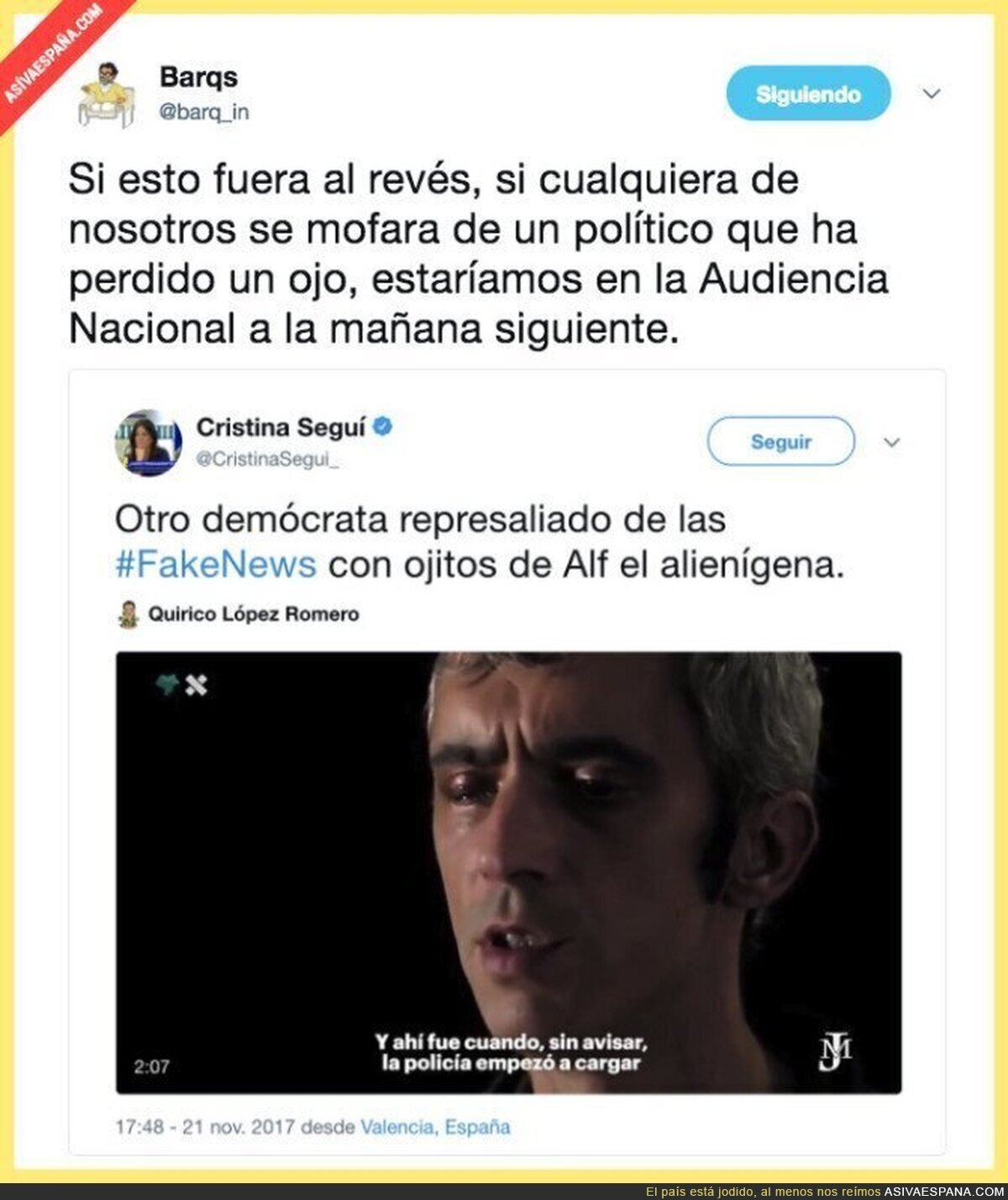 Cristina Seguí se cachondea de uno de los heridos del 1 de octubre tras perder la vista