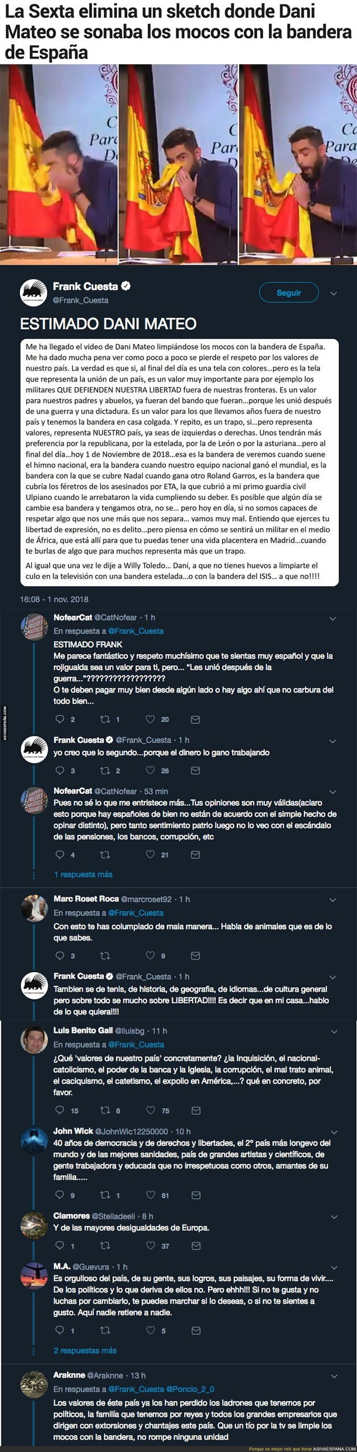 La brutal carta de Frank Cuesta a Dani Mateo por sonarse los mocos con la bandera de España y que está dando mucho que hablar