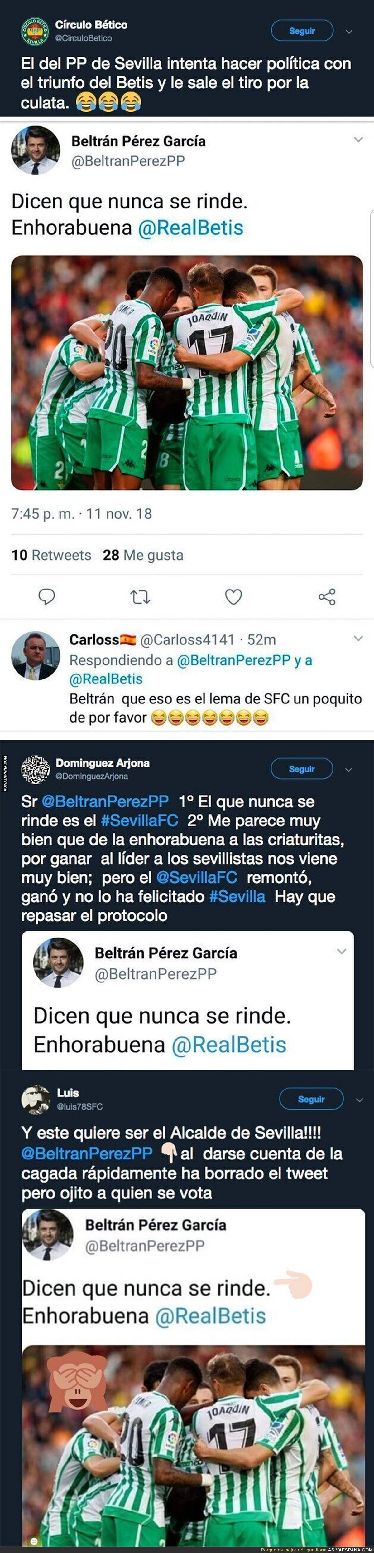 El candidato a alcalde a Sevilla del Partido Popular celebra la victoria del Betis frente al Barça con un grave error
