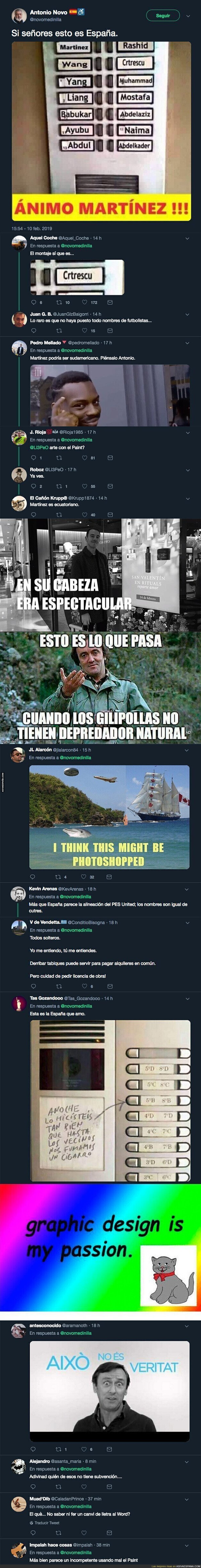 Sube una foto de un vecindario con todo nombres de inmigrantes menos un español y todo el mundo le está respondiendo lo mismo