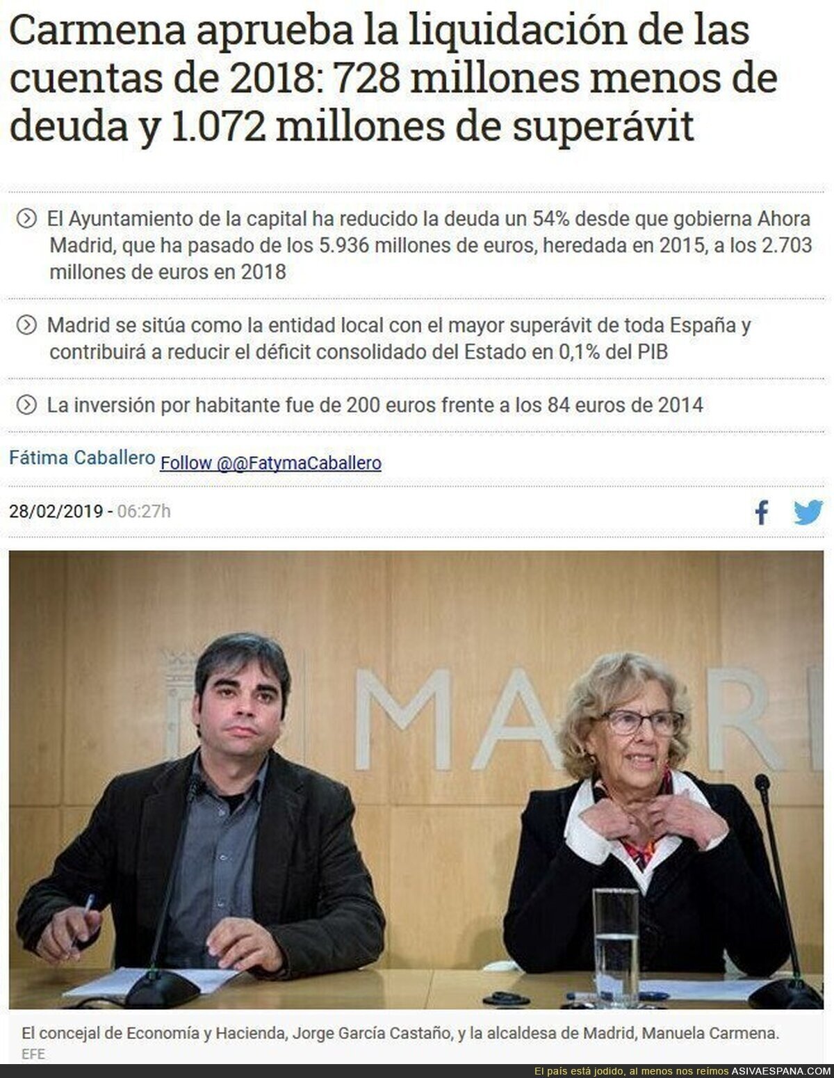 Lo más destacable de la noticia es que Carmena invierte un 238% por habitante de lo que invertía el PP