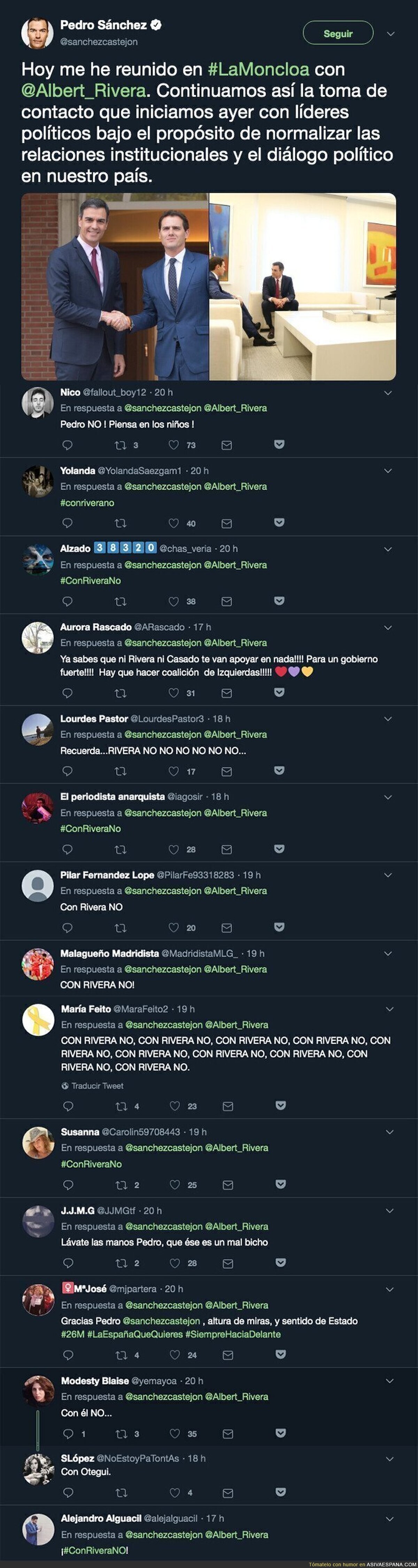 Pedro Sánchez publica una imagen en la que sale con Albert Rivera reunido y todo Twitter le responde lo mismo