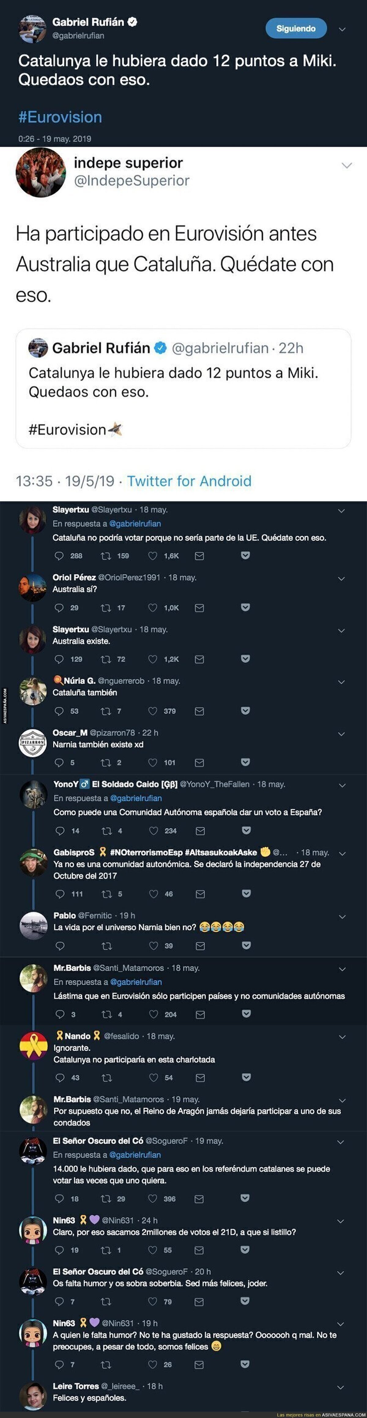 Gabriel Rufián la lía diciendo que Catalunya le habría dado 12 puntos a Miki en Eurovisión y estas son las respuestas