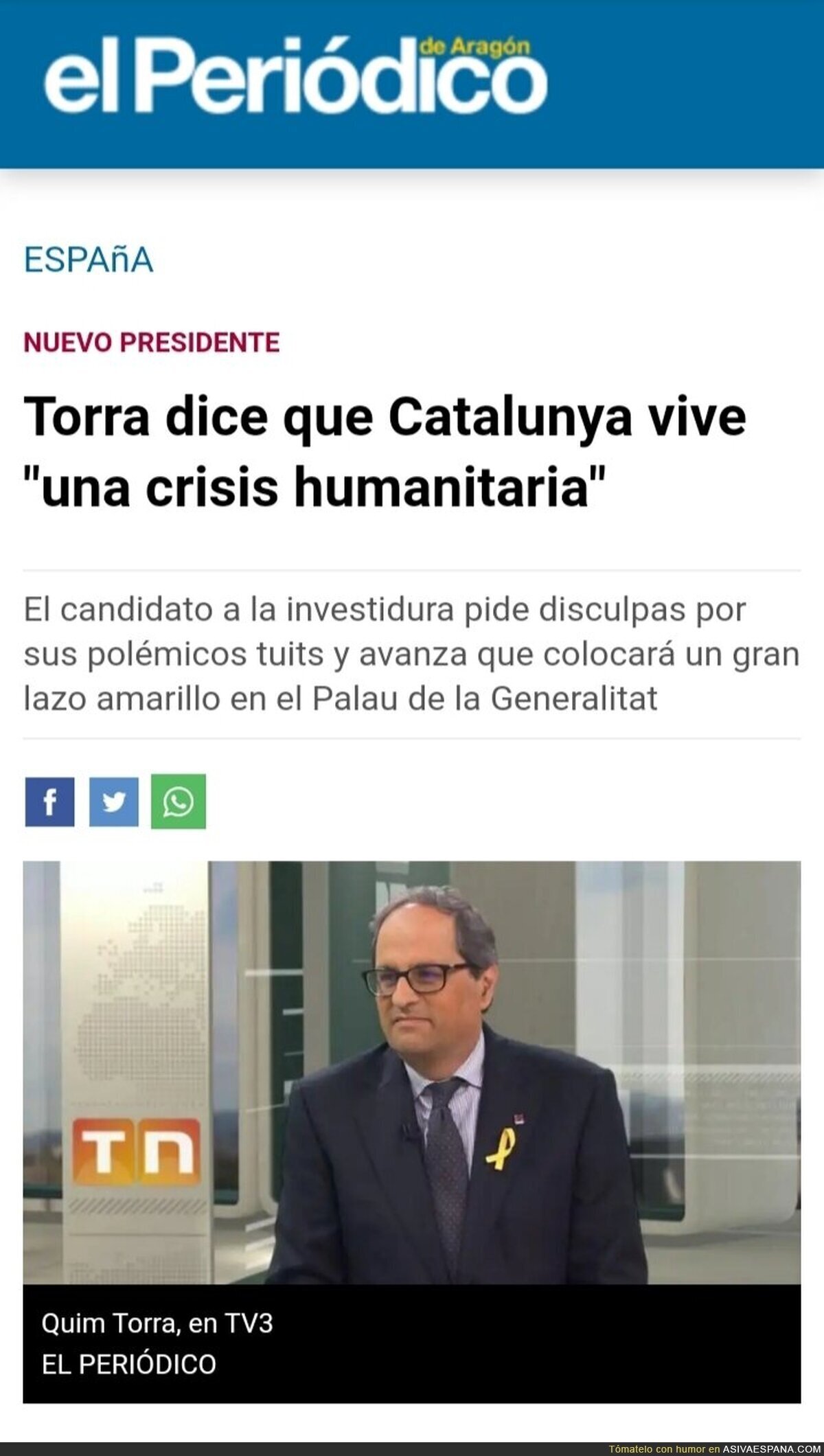 "Catalunya está en crisis humanitaria", según Quim Torra