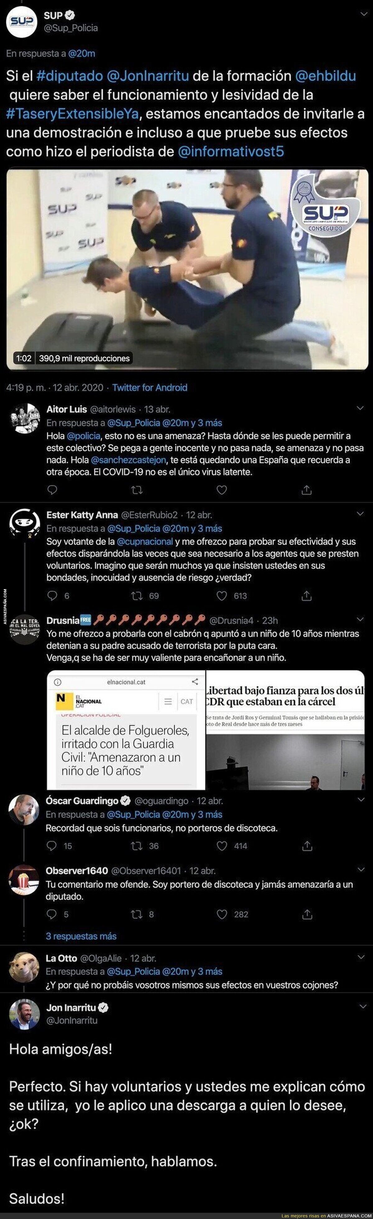 Tremendo: un sindicato policial amenaza con disparar al diputado Jon Iñarritu con este mensaje