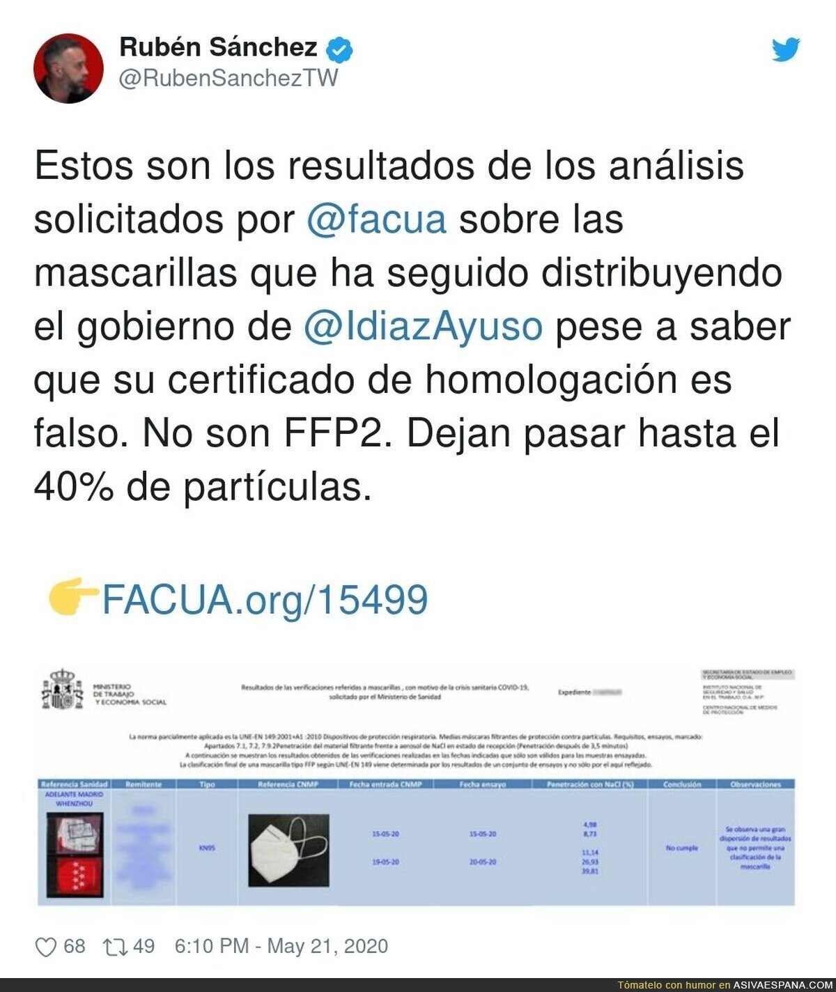 Las mascarillas de Isabel Díaz Ayuso son un peligro para la población
