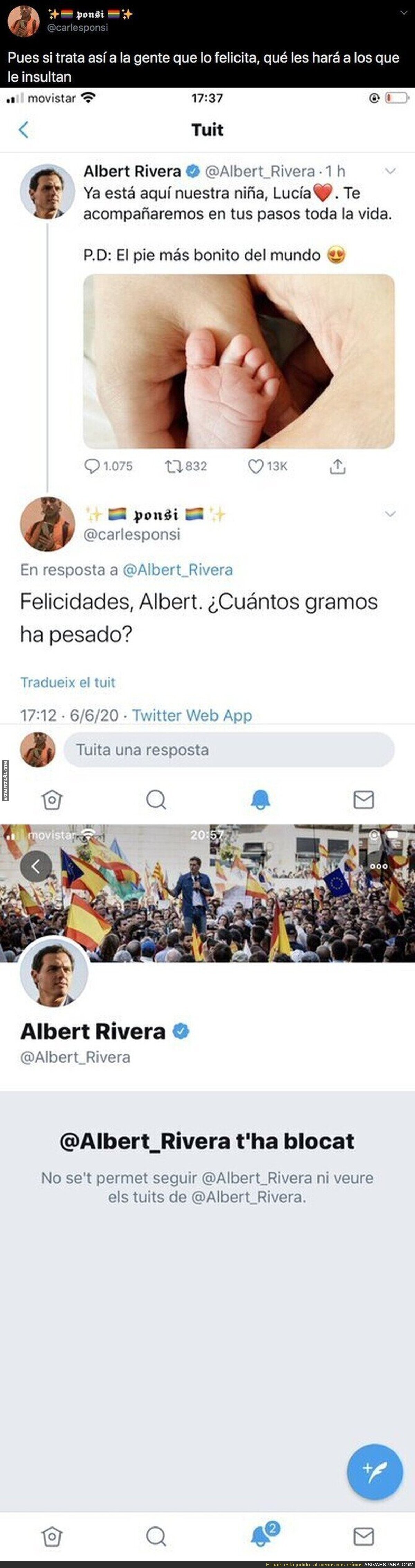 Albert Rivera anuncia el nacimiento de su hija y recibe una respuesta apoteósica por la que termina bloqueando al que se la hace por Twitter
