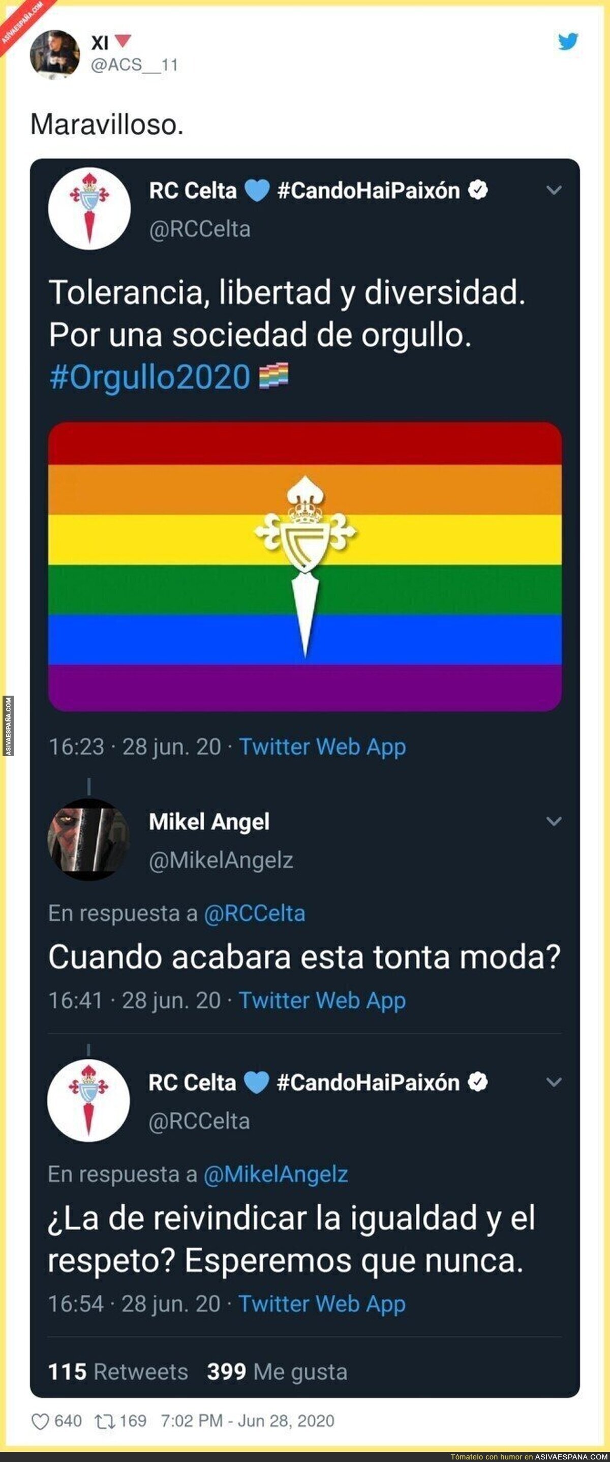 La respuestaza que se ha llevado un aficionado del Celta de Vigo tras ser un insolidario con el movimiento LGTB