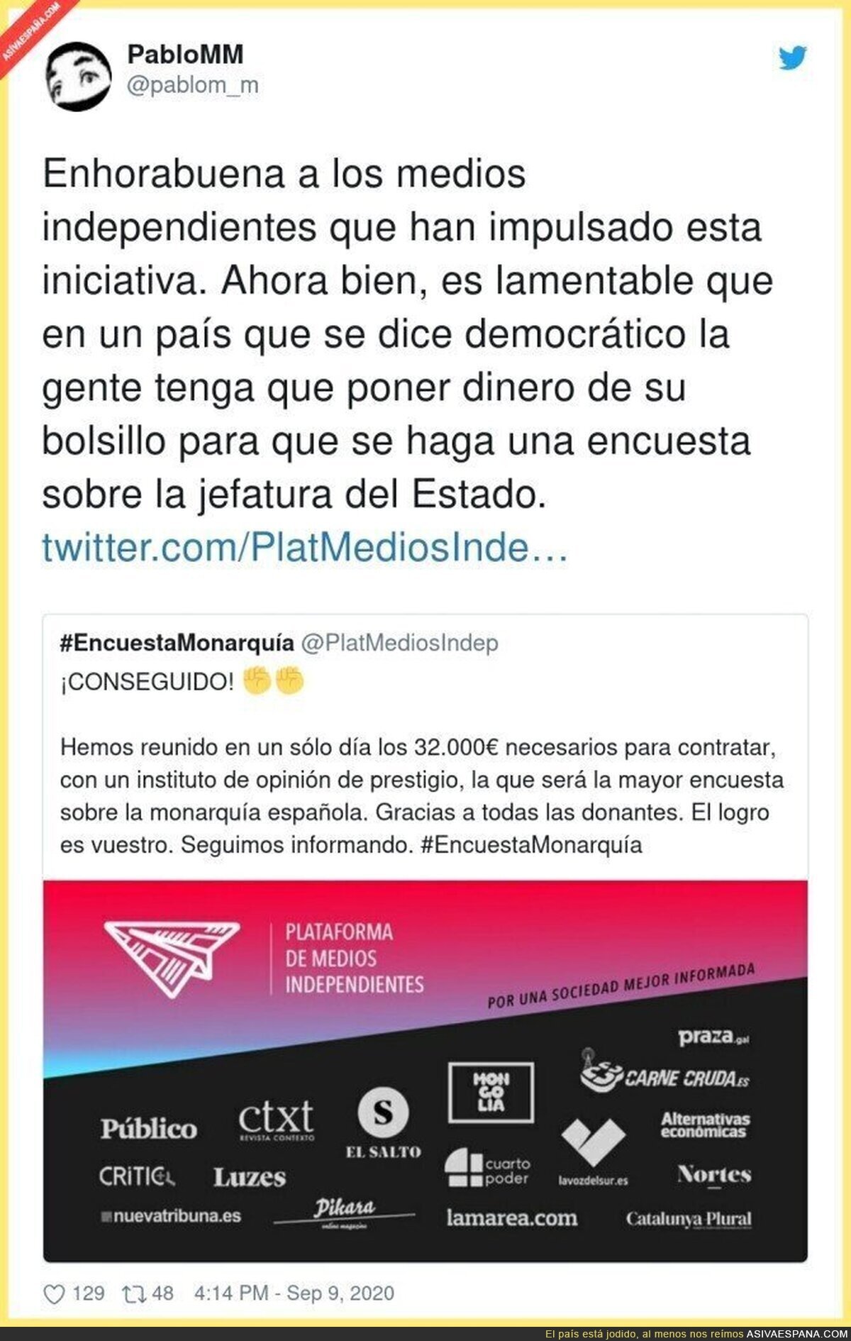 Plataforma de Medios Independientes consigue 32.000€ para hacer una encuesta sobre la Monarquía que el CIS no se atreve a hacer