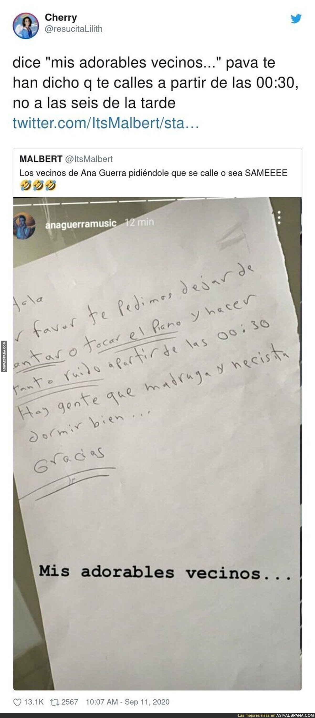 La queja que ha recibido la cantante Ana Guerra en forma de nota por parte de sus vecinos