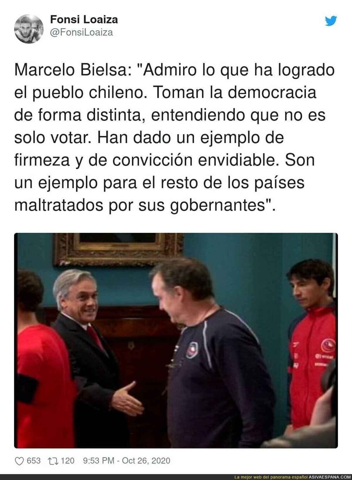 Marcelo Bielsa admira al pueblo chileno