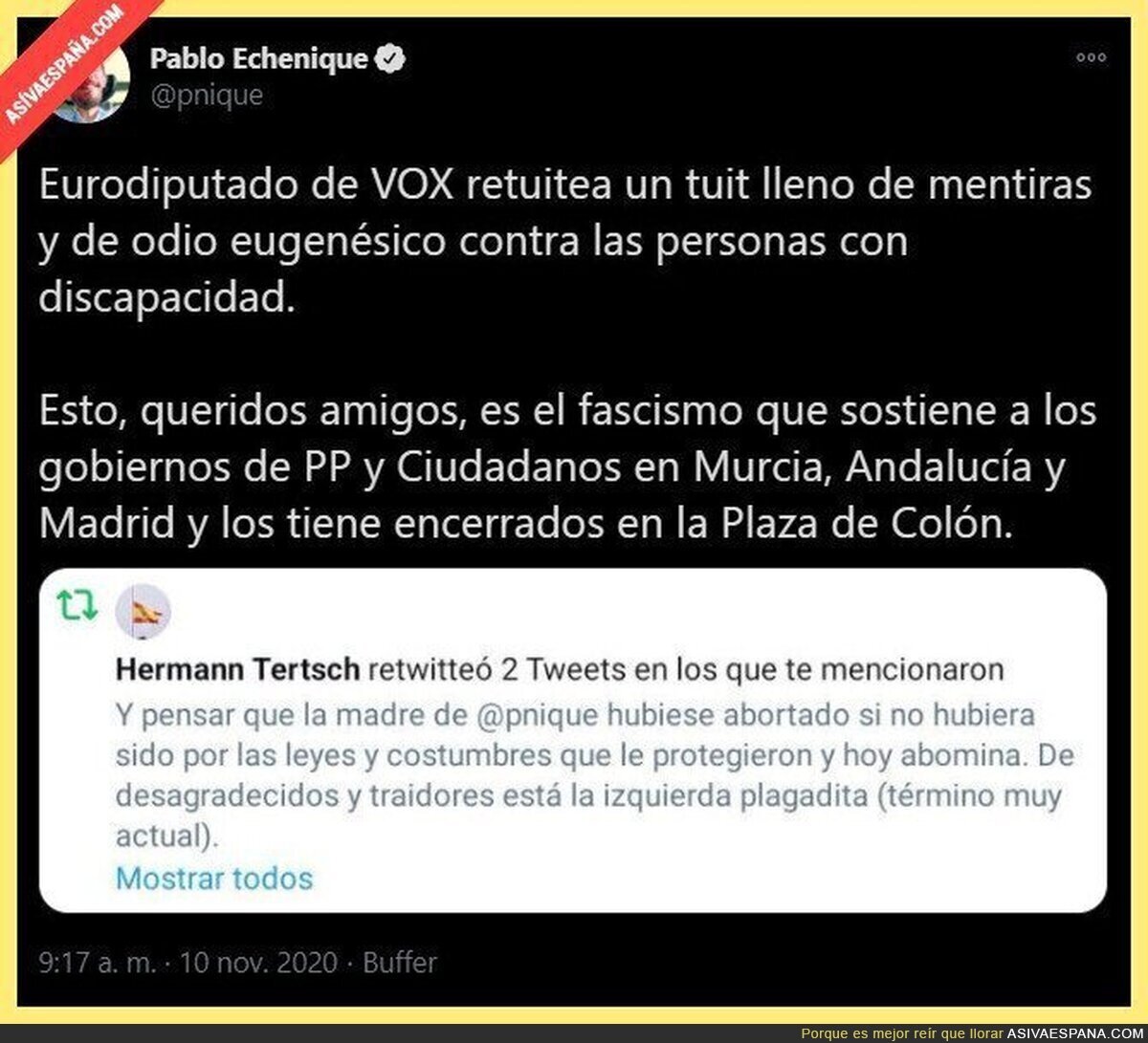 El retuit miserable de Hermann Tertsch contra Pablo Echenique