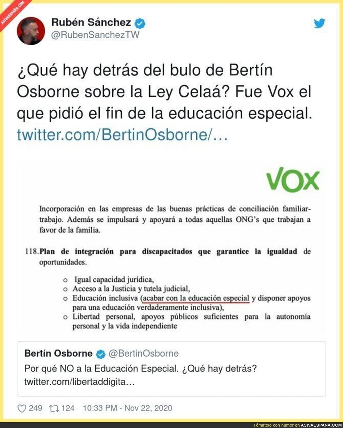 ¿Por qué Bertín Osborne no dijo nada sobre VOX que si fue el que pidió acabar con la educación especial?