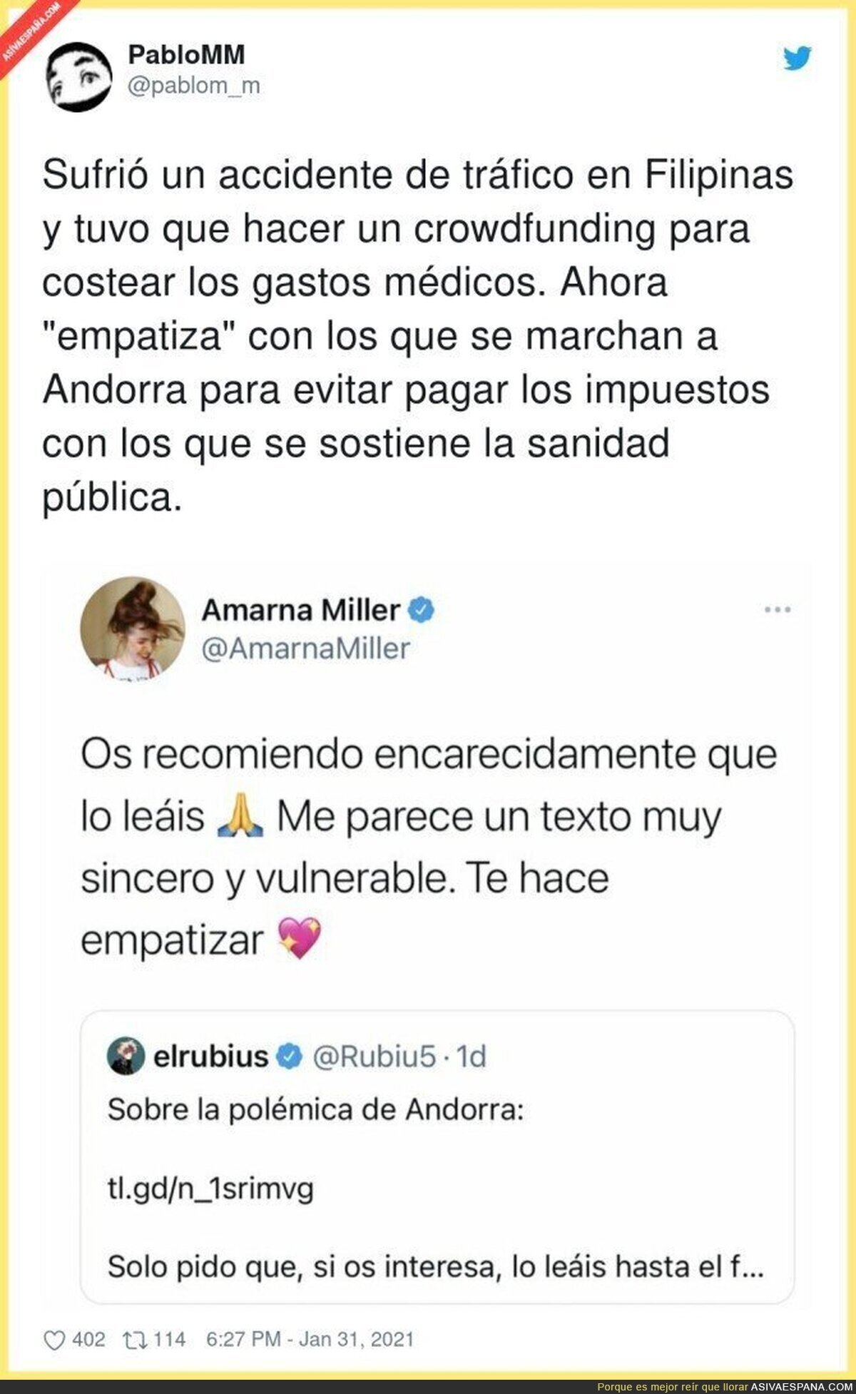 El ridículo de Amarna Miller apoyando a ElRubius tras irse a Andorra
