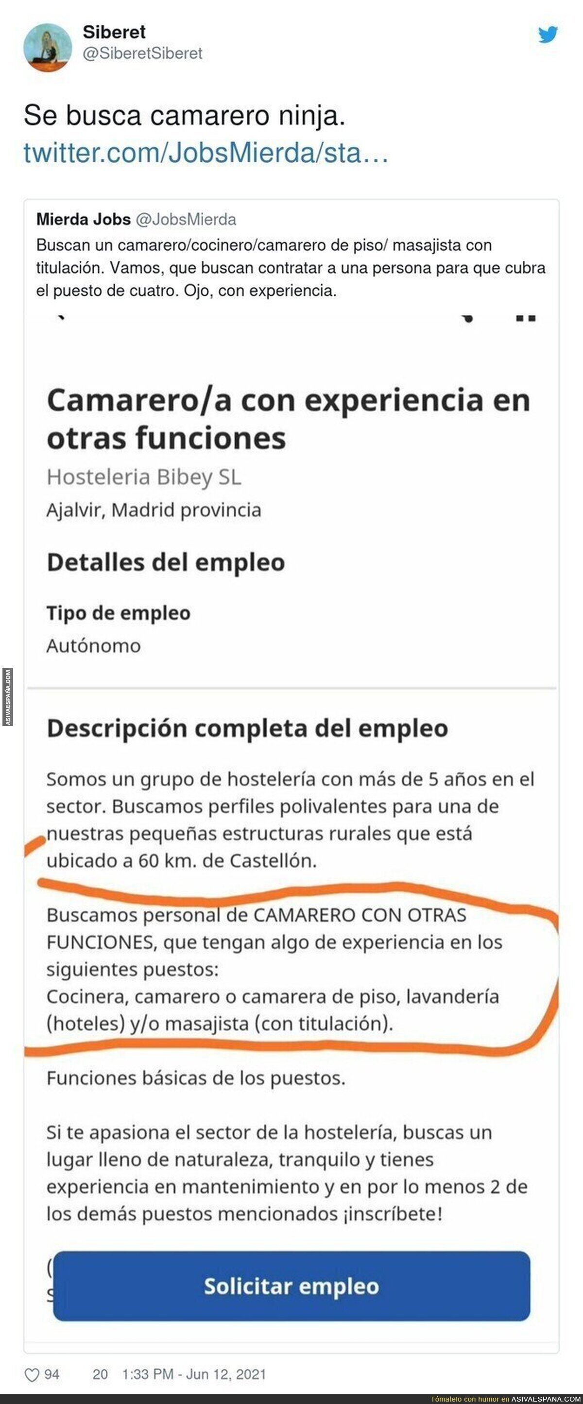 Atención a esta oferta de trabajo como camarero que te va a dejar loquísimo