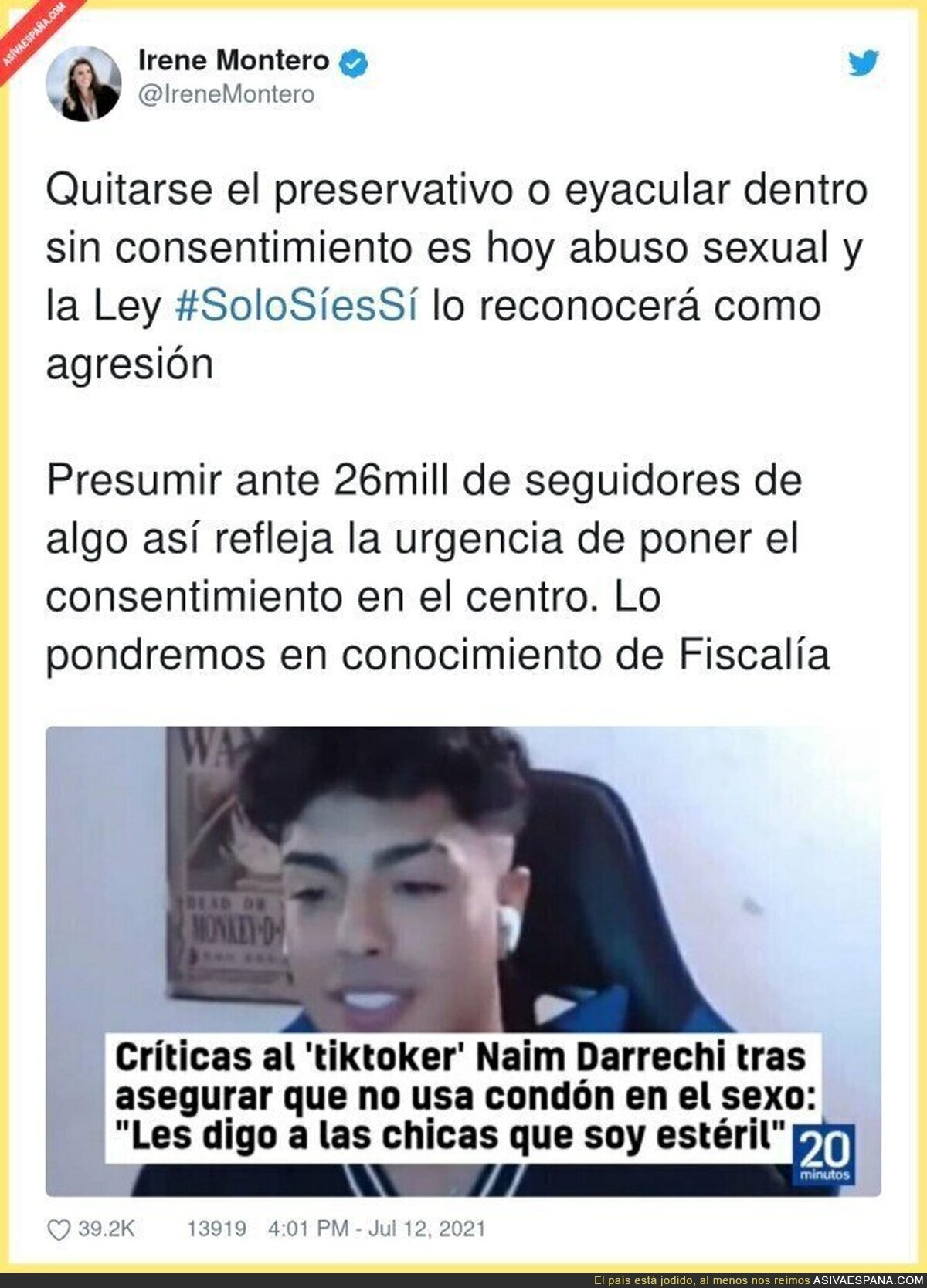 Irene Montero carga contra el 'tiktoker' Naim Darrechi