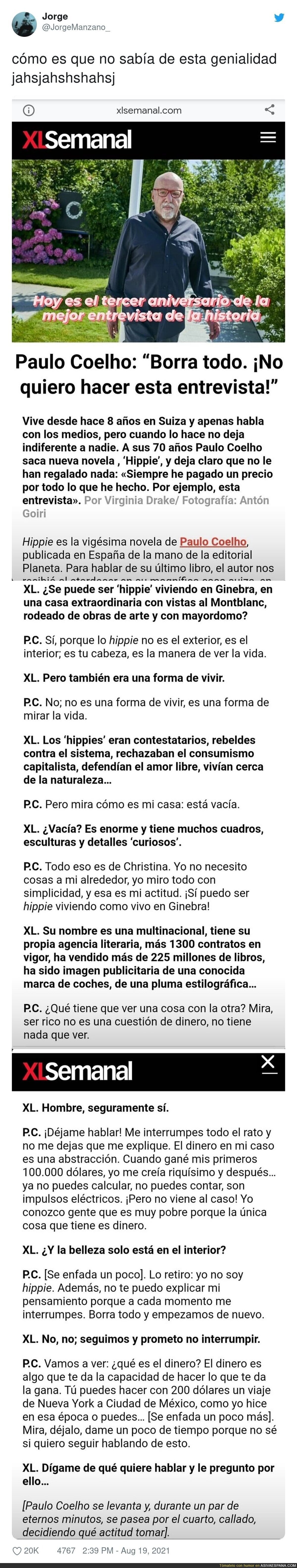¿Esta maravilla de entrevista de Paulo Coelho?