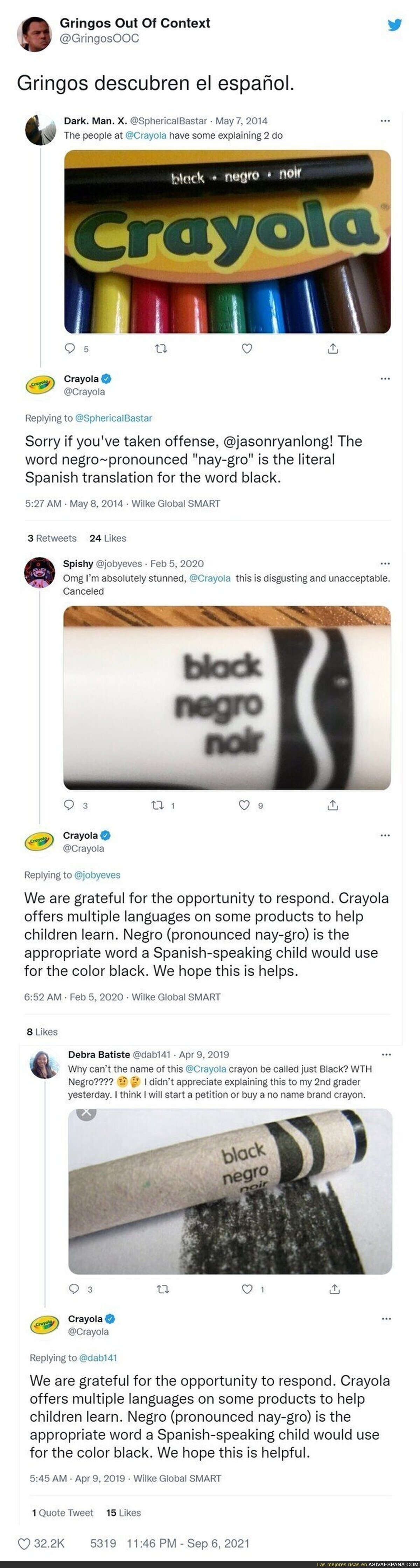 El community manager de Crayola explicando por 27ava vez hoy que "negro" significa "black" en español
