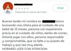 Buscan a una persona que cuide de un beb&eacute; 41 horas a la semana por 300 euros al mes. 1,80&euro; la hora
