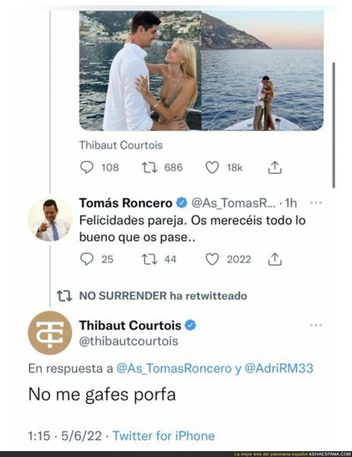 Courtois le responde de forma magistral a Tomás Roncero tras contraer matrimonio