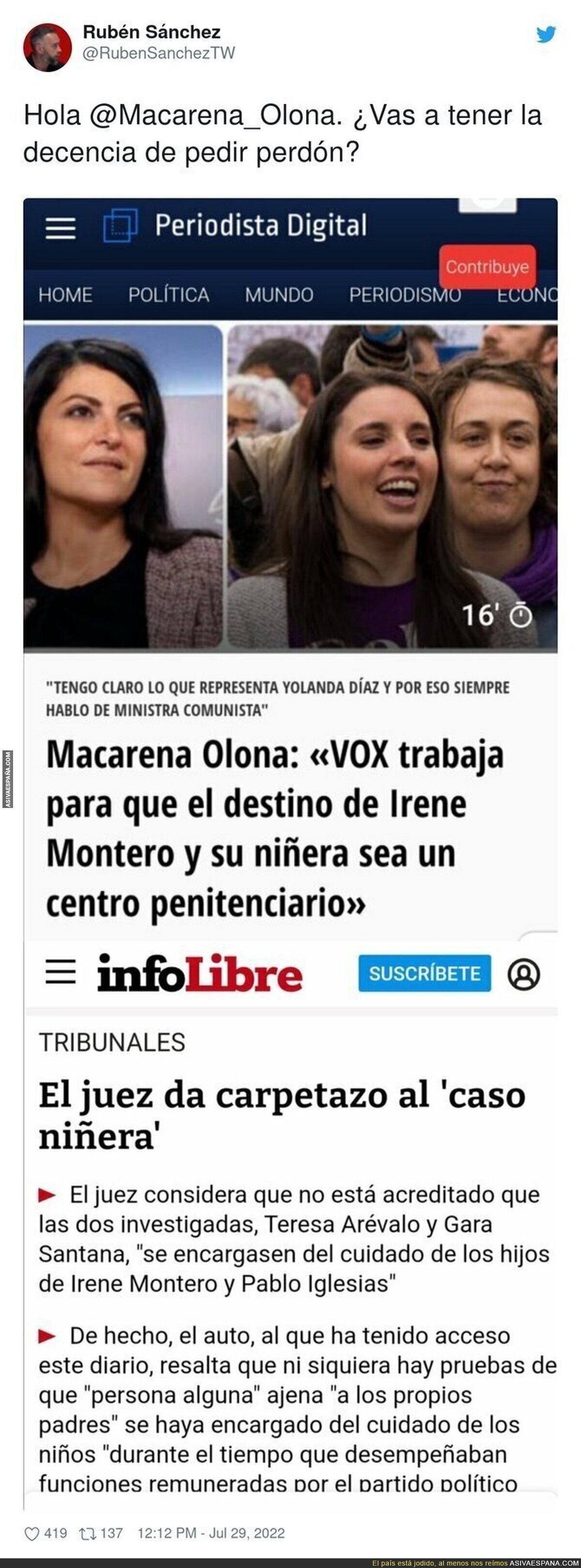 Hay que formar una fila de gente que debe pedir perdón a Irene Montero