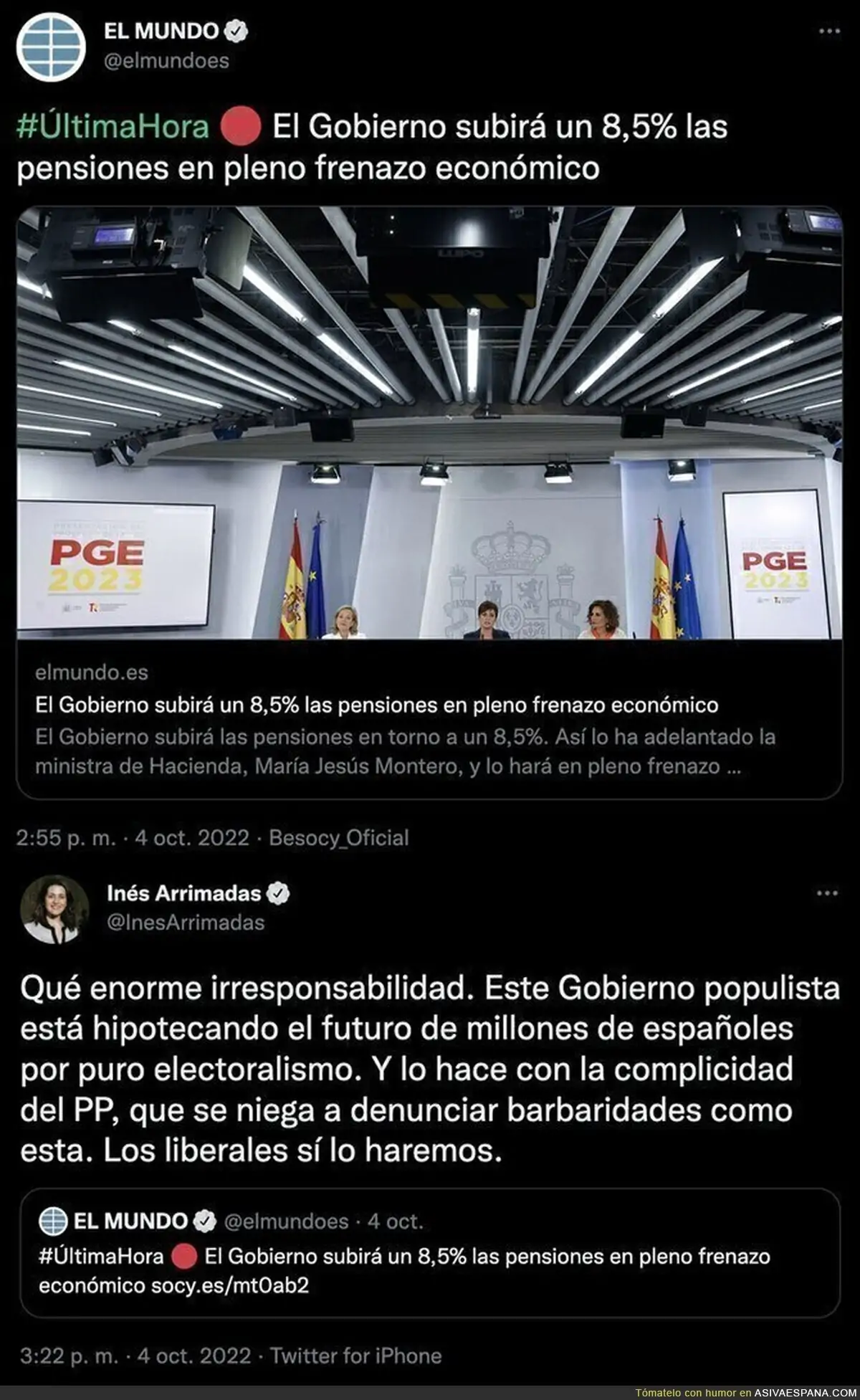 Todo el mundo está respondiendo a Inés Arrimadas muy indignados y dejándola por los suelos por su opinión de que el Gobierno suba 8,5% las pensiones