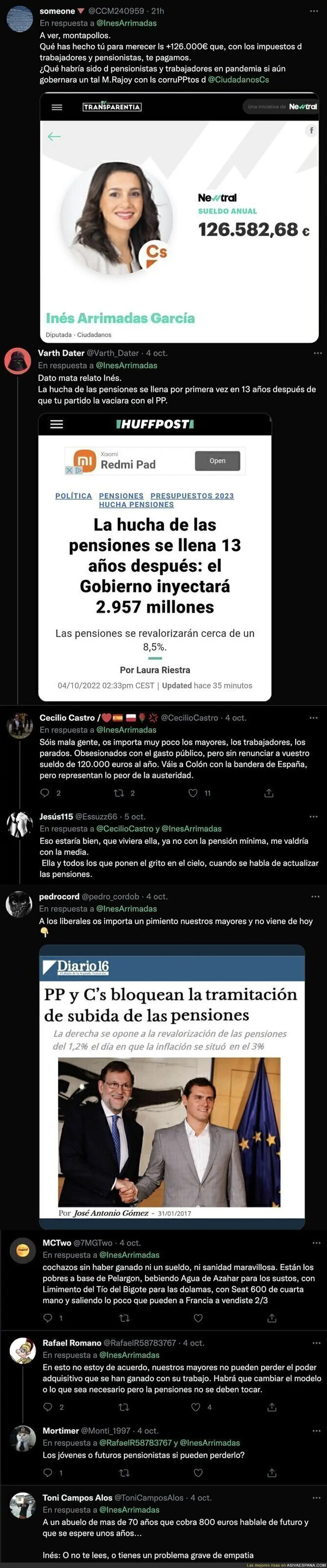 Todo el mundo está respondiendo a Inés Arrimadas muy indignados y dejándola por los suelos por su opinión de que el Gobierno suba 8,5% las pensiones