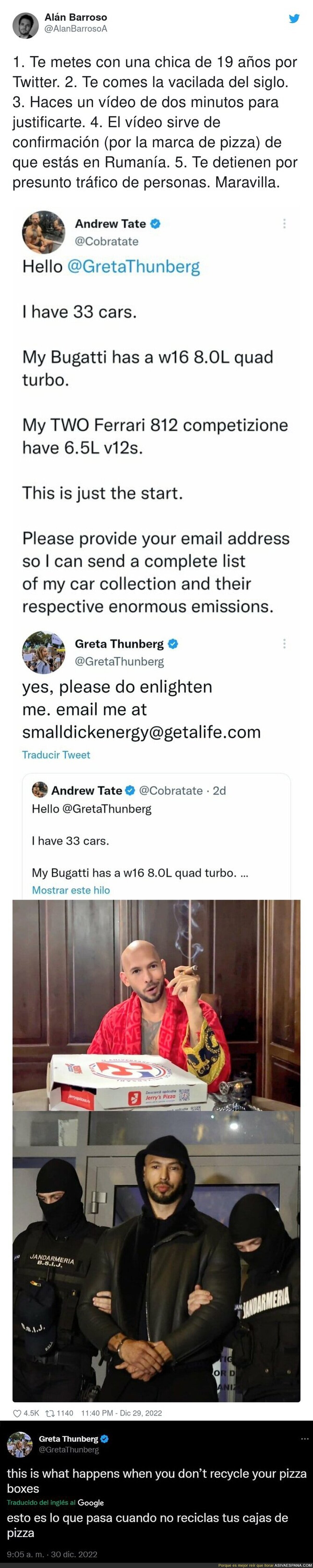 El ridículo histórico de Andrew Tate da como ganadora a Greta Thunberg con este zascazo monumental